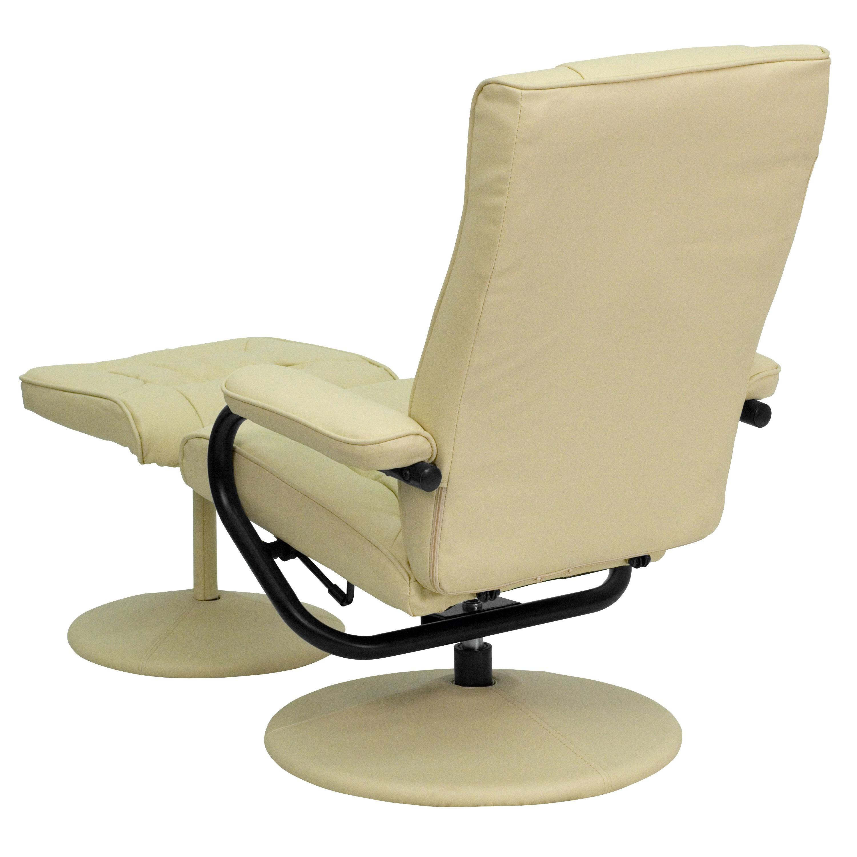 BizChair Contemporary Multi-Position Recliner and Ottoman with Wrapped Base in Cream LeatherSoft