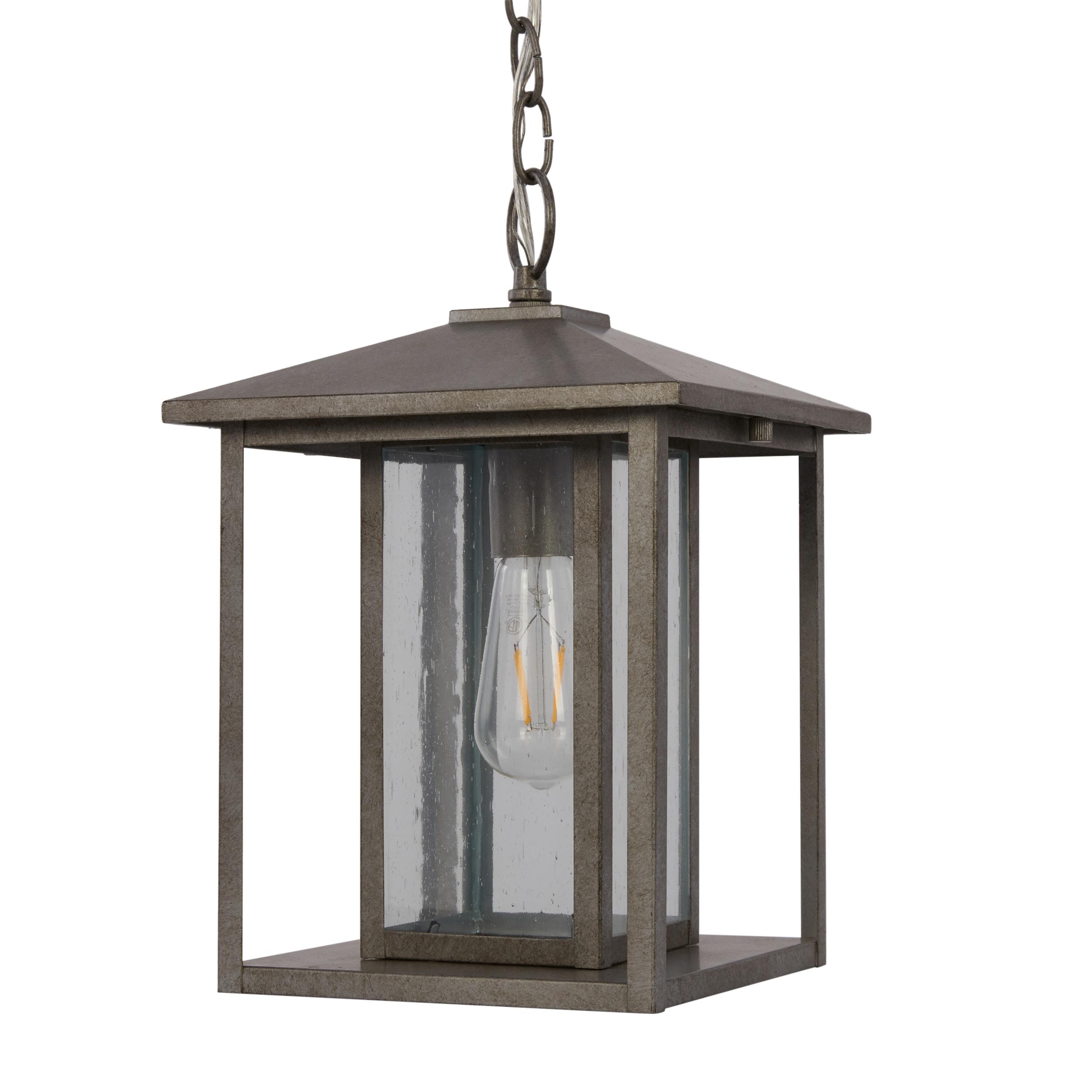 Hunnington 1-Light Outdoor Pendant in Weathered Pewter with Clear Seeded Glass