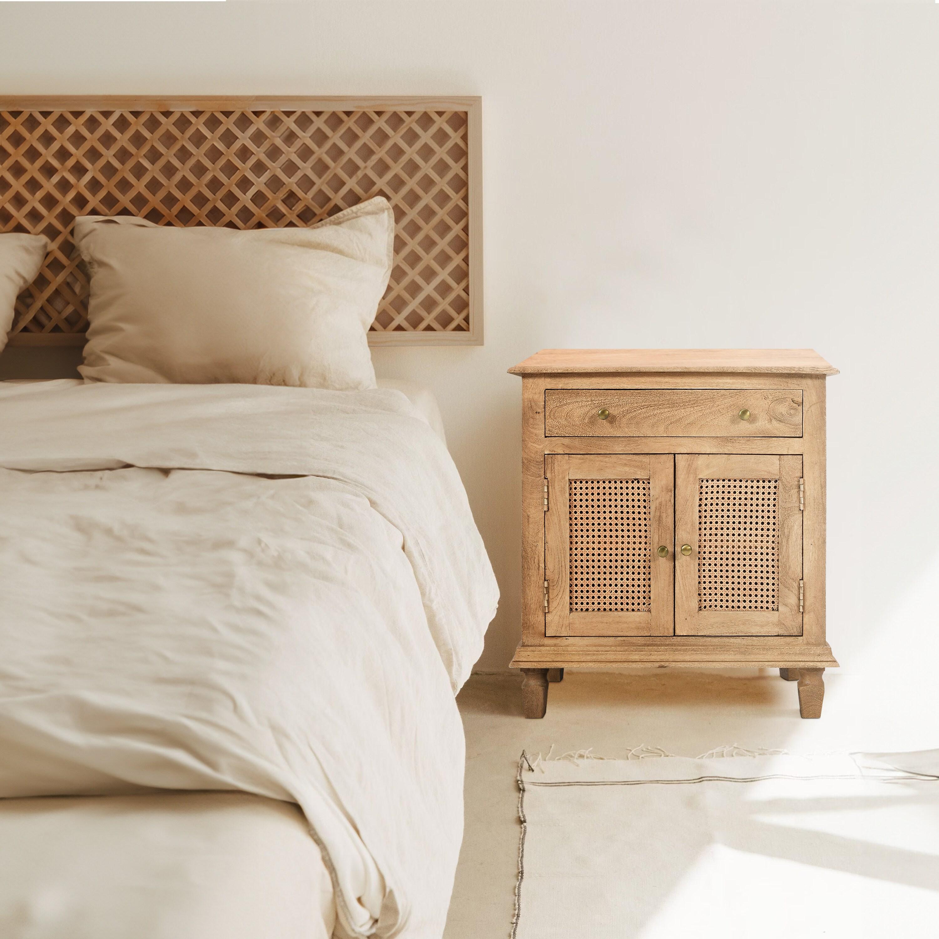 The Urban Port 30" Nightstand Table Rattan Cabinet Doors and Drawer Fronts Sandblasted Brown Mango Wood Brown