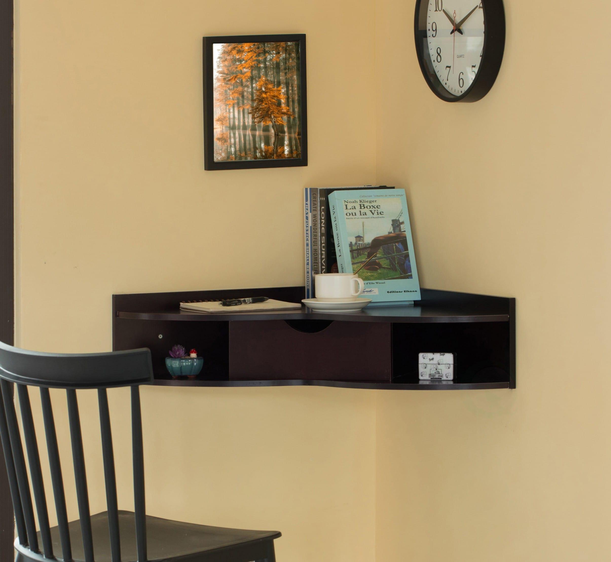 Basicwise Brown Corner Desk Heart Shaped Wall Mounted Office Table with Drawer and Two Shelves Computer Writing Desk