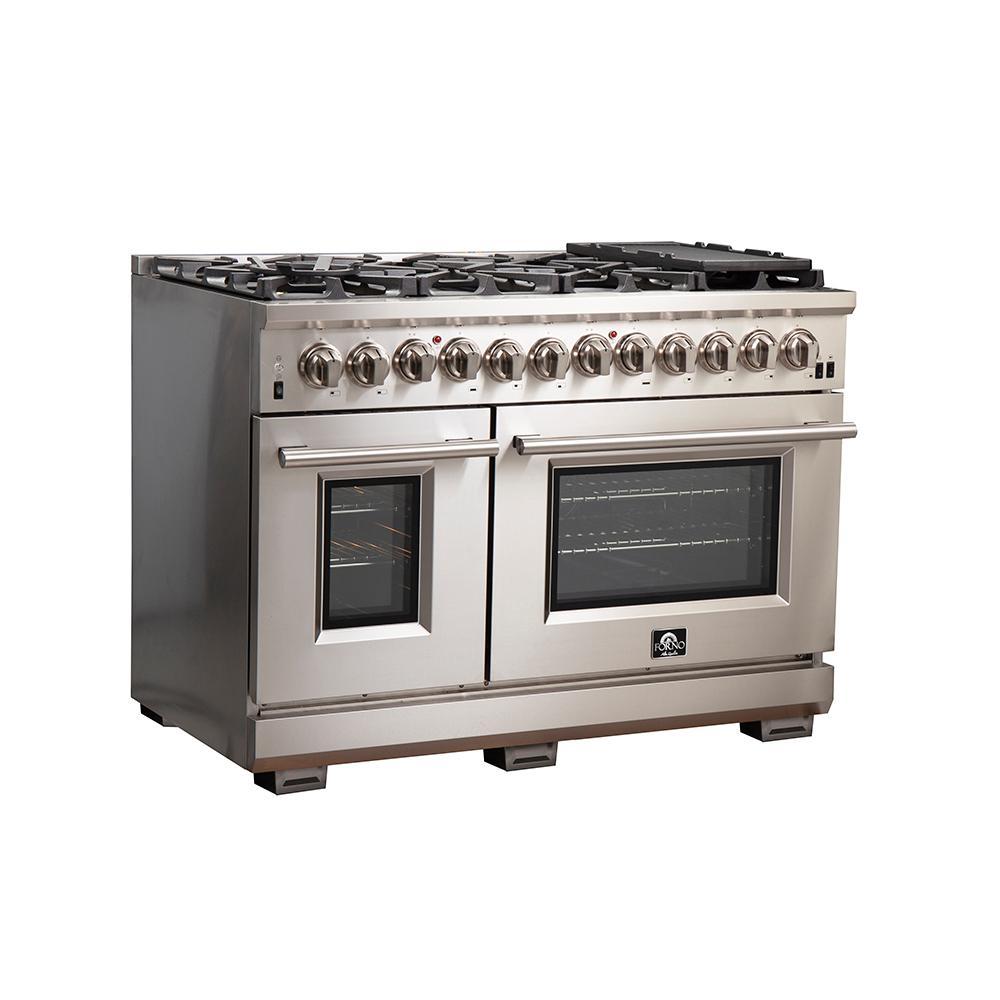 Forno Capriasca 48-inch Dual Fuel Range All Stainless Steel, 8 Brass Burners, 6.58 cu.ft. Double Ovens FFSGS6187-48