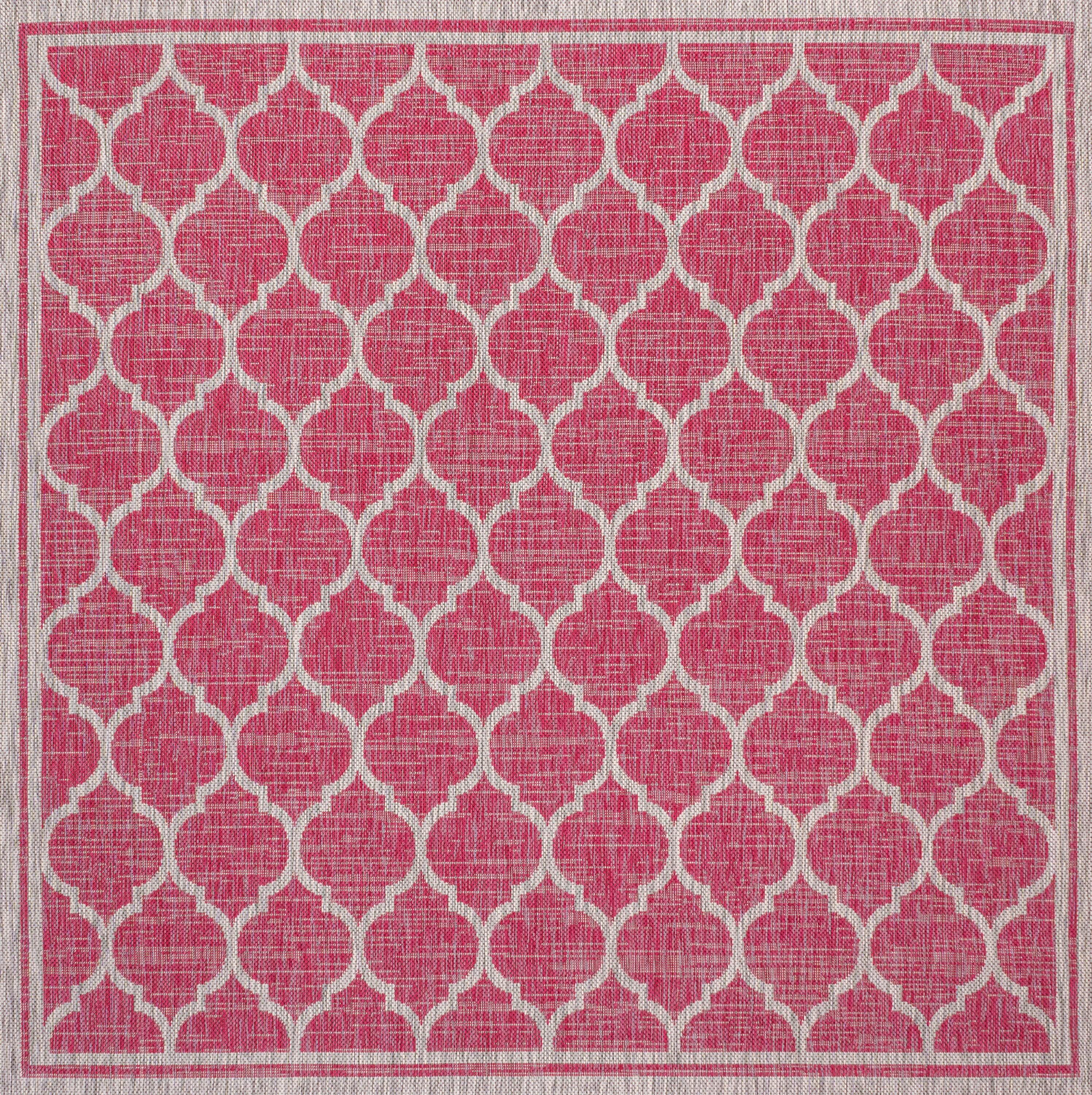 5' x 5' Trebol Moroccan Trellis Textured Weave Indoor/Outdoor Area Rug, Fuchsia/Light Gray - JONATHAN Y