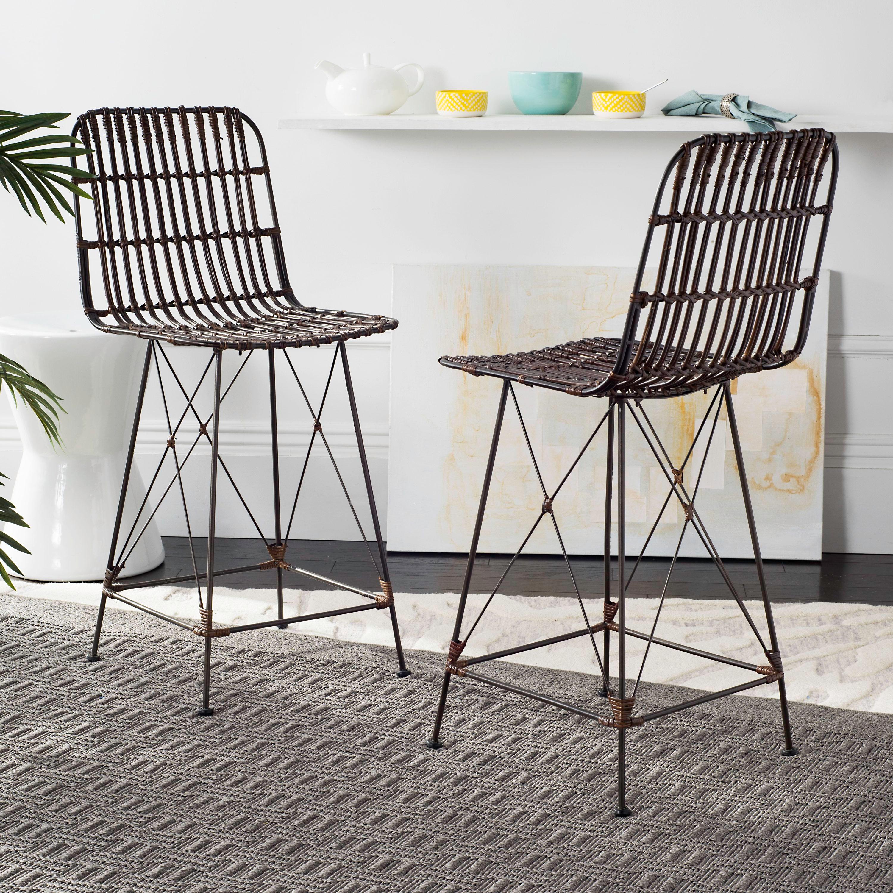 Minerva Wicker Counter Stool (Set of 2) - WIK6509 - Brown/Black - Safavieh