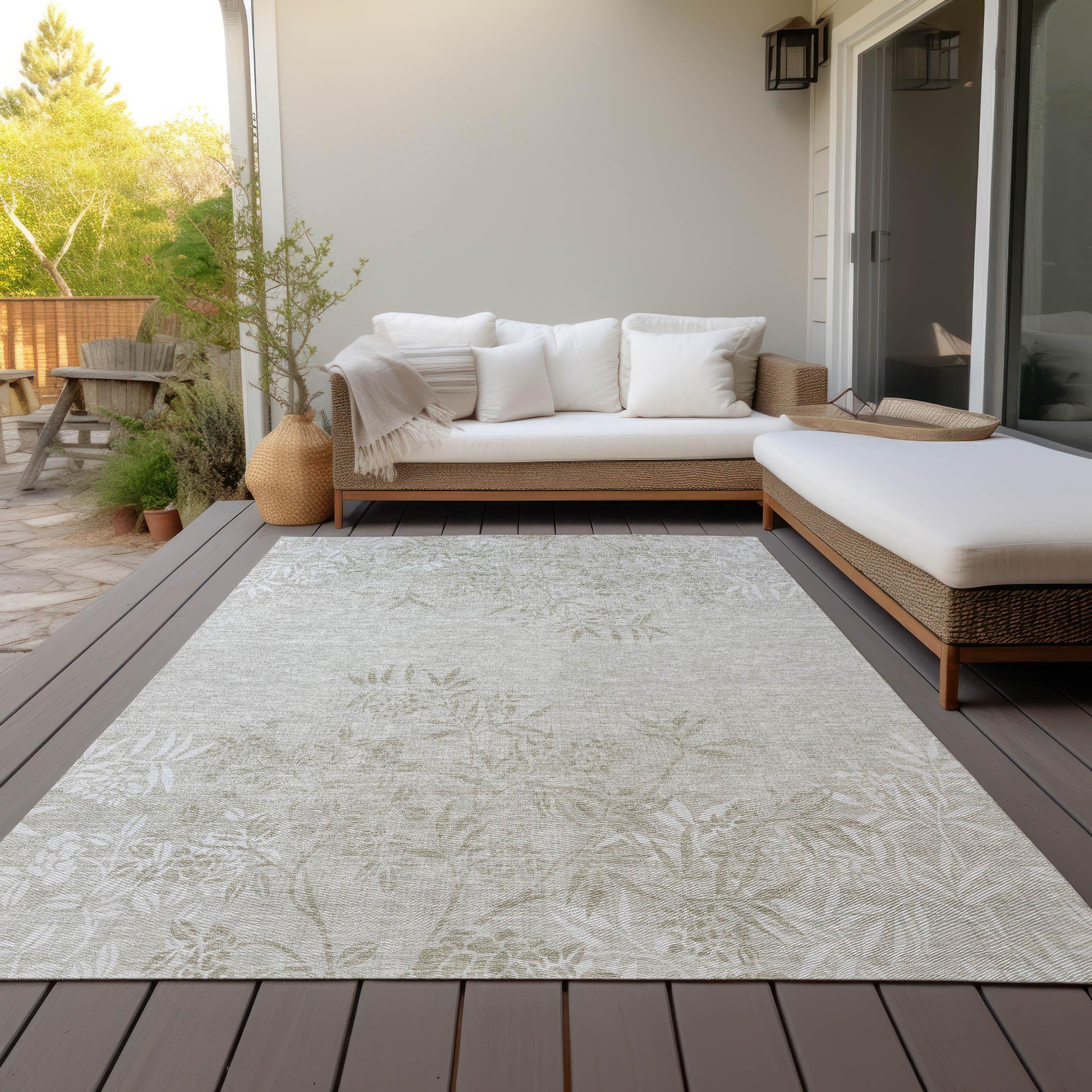 Beige Floral Machine-Washable Indoor Outdoor Area Rug 3' x 5'