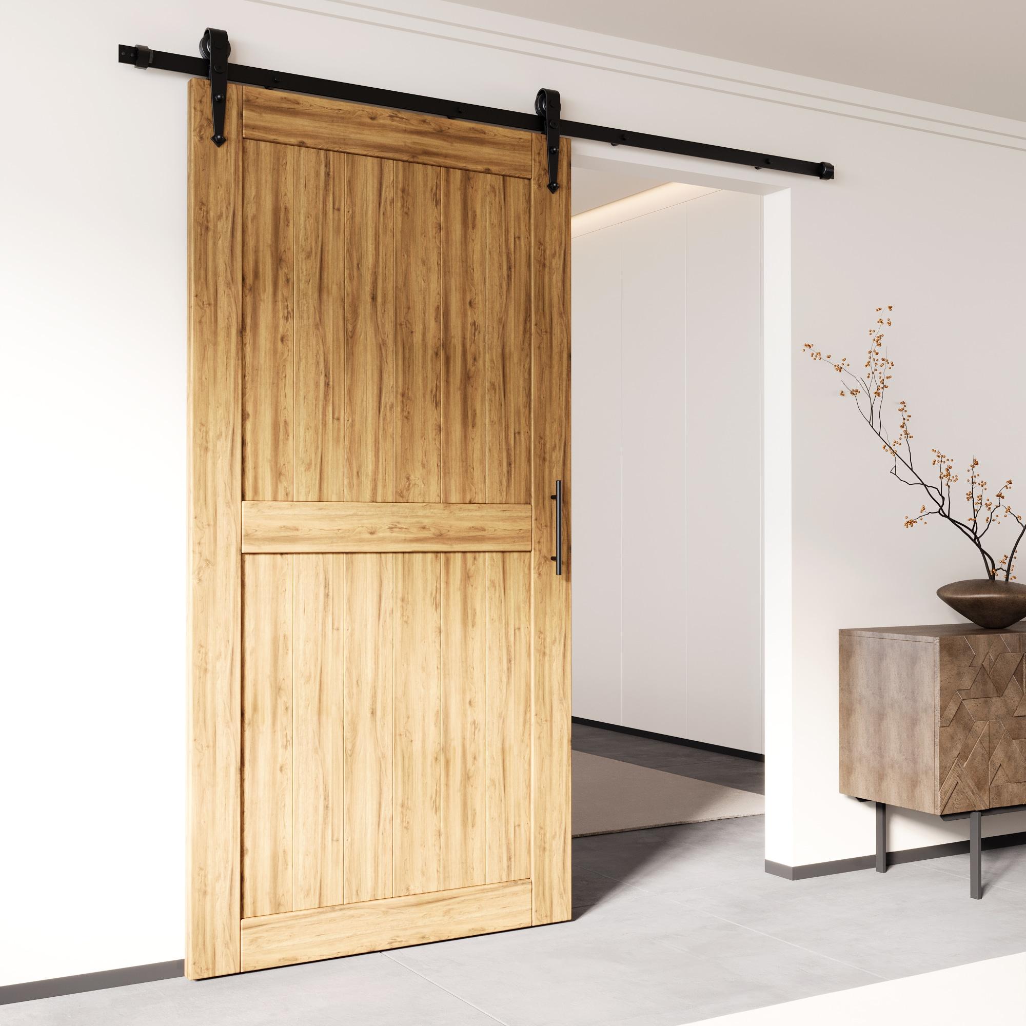 Homacer Black Rustic Sliding Barn Door Hardware Kit, for One/Single Door, 18ft Long Flat Track, Arrow Design Roller, Heavy Duty, for Interior & Exterior Use