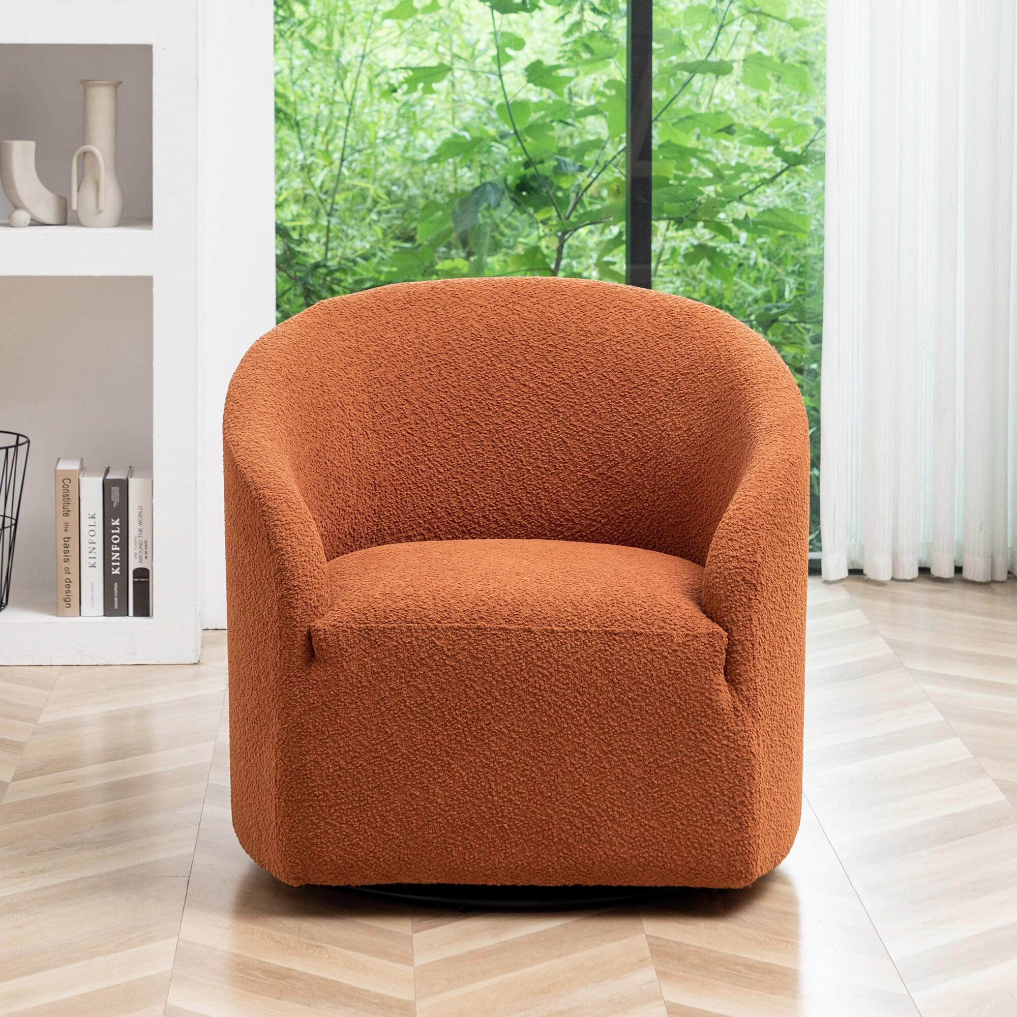 Kinwell 32" Wide Boucle Upholstered Swivel Barrel Chair Caramel: Mid-Century Modern, No Assembly Required