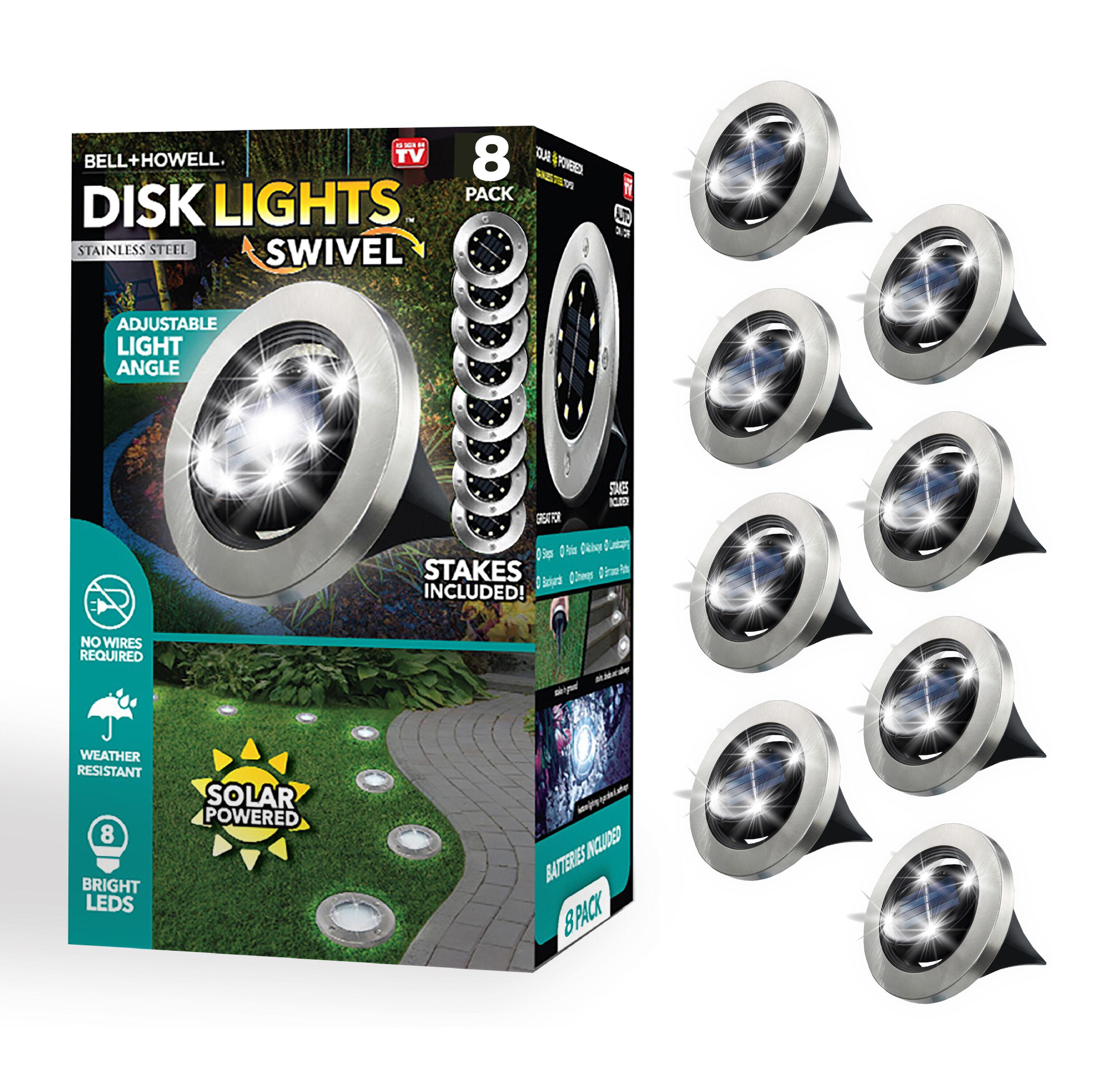 Bell + Howell Bell+Howell Stainless Steel Solar Powered Swivel LED Disk Lights, Wireless Auto On/off Pathway Garden Lights (Set of 8)