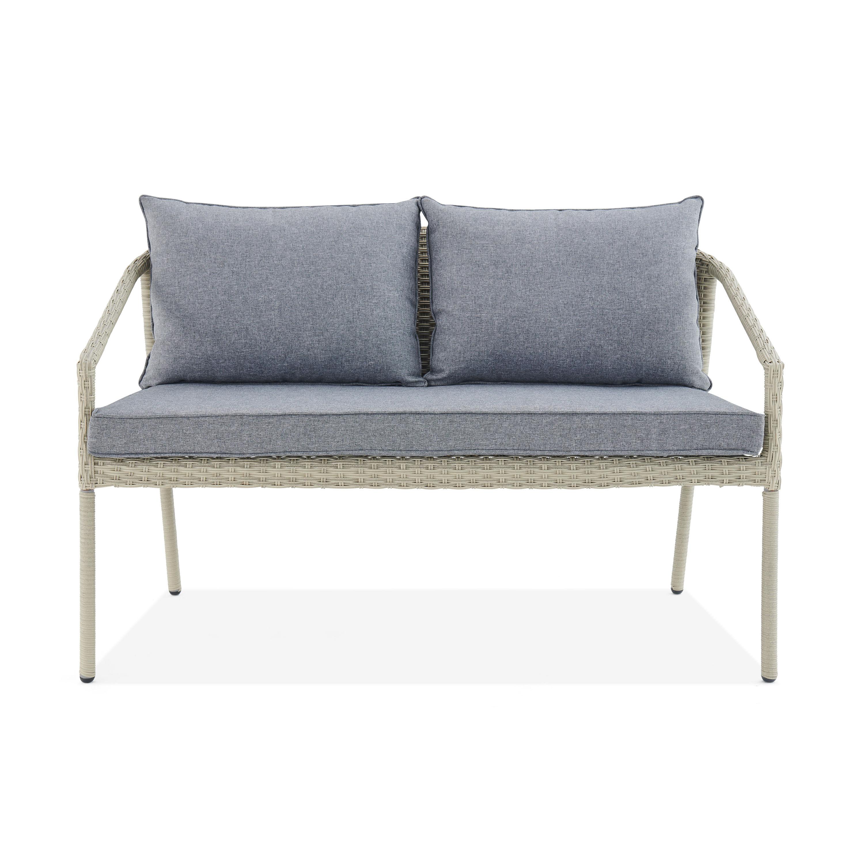 Windham All-Weather Wicker Two-Seat Outdoor Light Gray Bench with Dark Gray Cushions