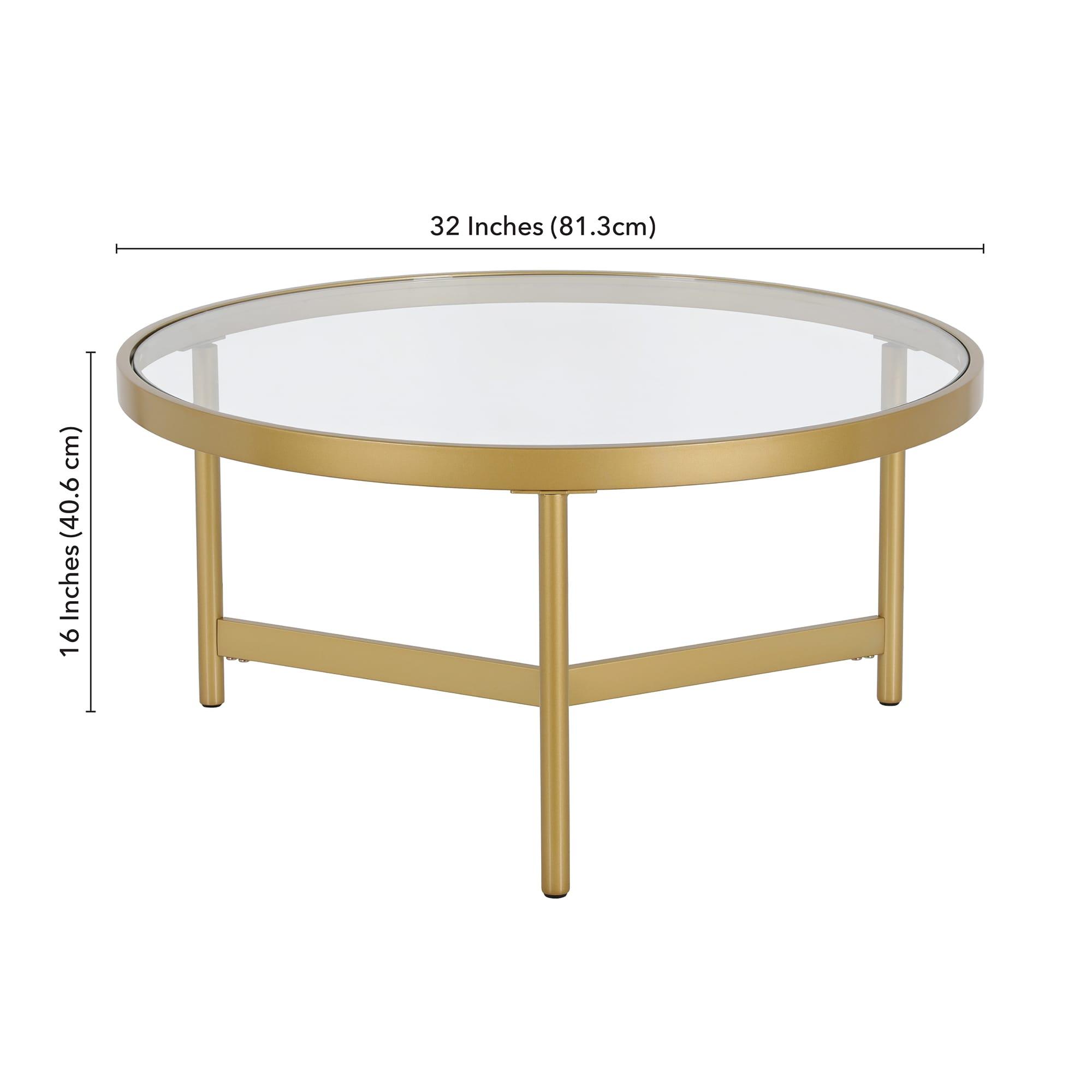 Evelyn&Zoe Yara 32" Wide Round Coffee Table with Glass Top, Brass