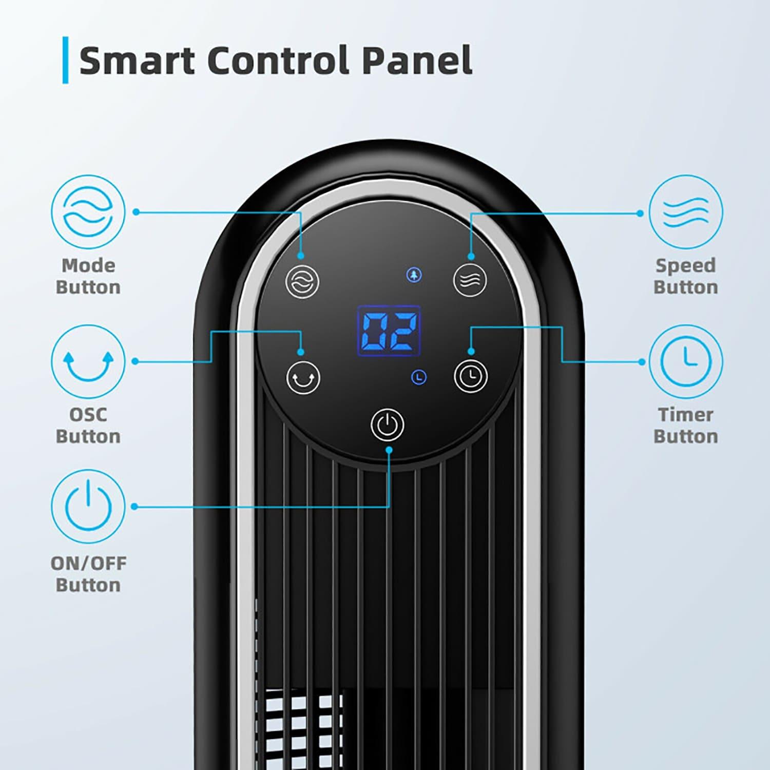 Spaco 42 Inch 80 Degree Tower Fan with Smart Display Panel and Remote Control-Black, Tower Fan, Oscillating Tower Fan, Quiet Cooling Whole Room Bladeless