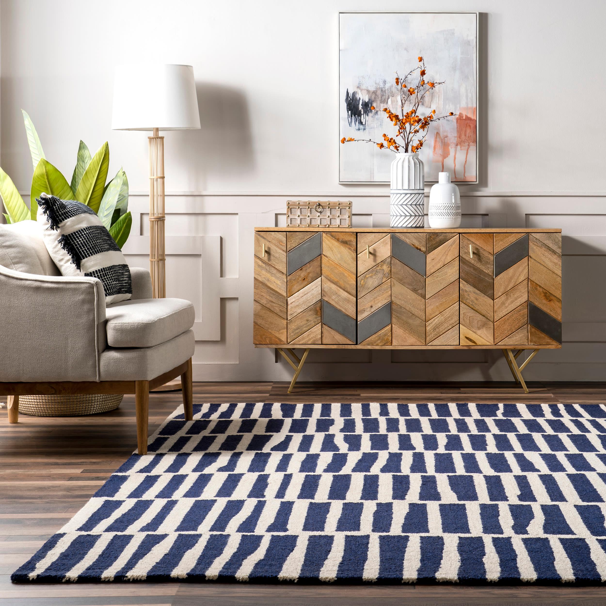 Nuloom Lemuel Geometric 2x6 Wool Runner Indoor Area Rug for Living Room Bedroom Dining Room Entryway Hallway Kitchen, Navy/Ivory