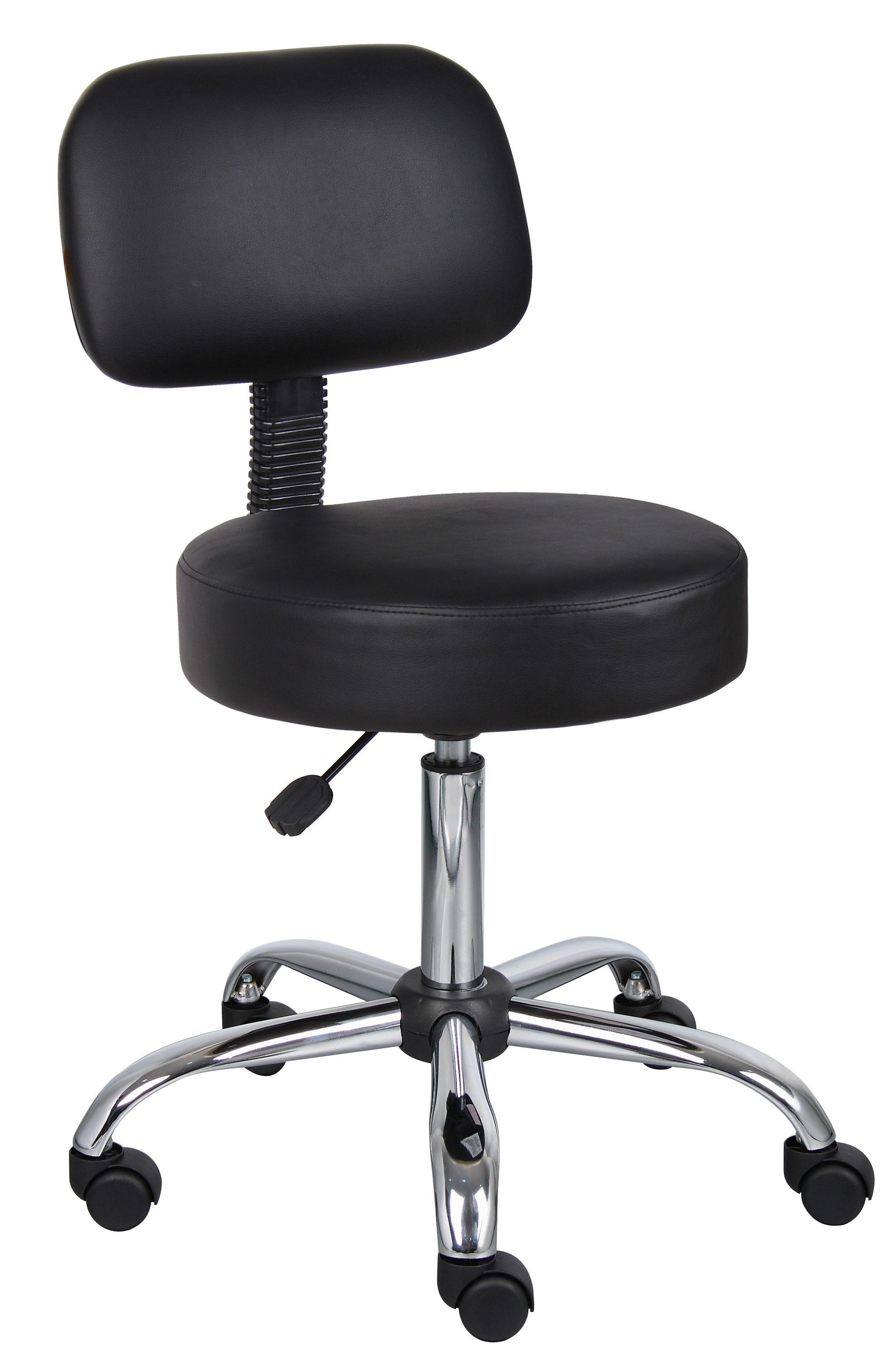 Medical Stool with Back Cushion Black - Boss Office Products: Chrome Base, Adjustable Height & Depth