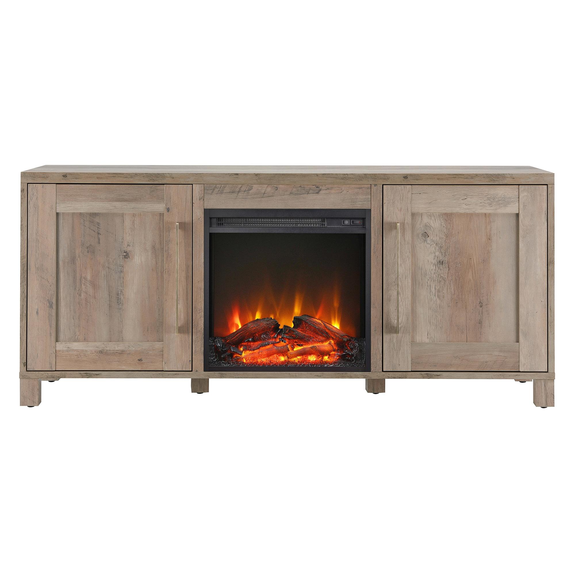 Evelyn&Zoe Chabot Rectangular TV Stand with Log Fireplace for TV's up to 65", Gray Oak