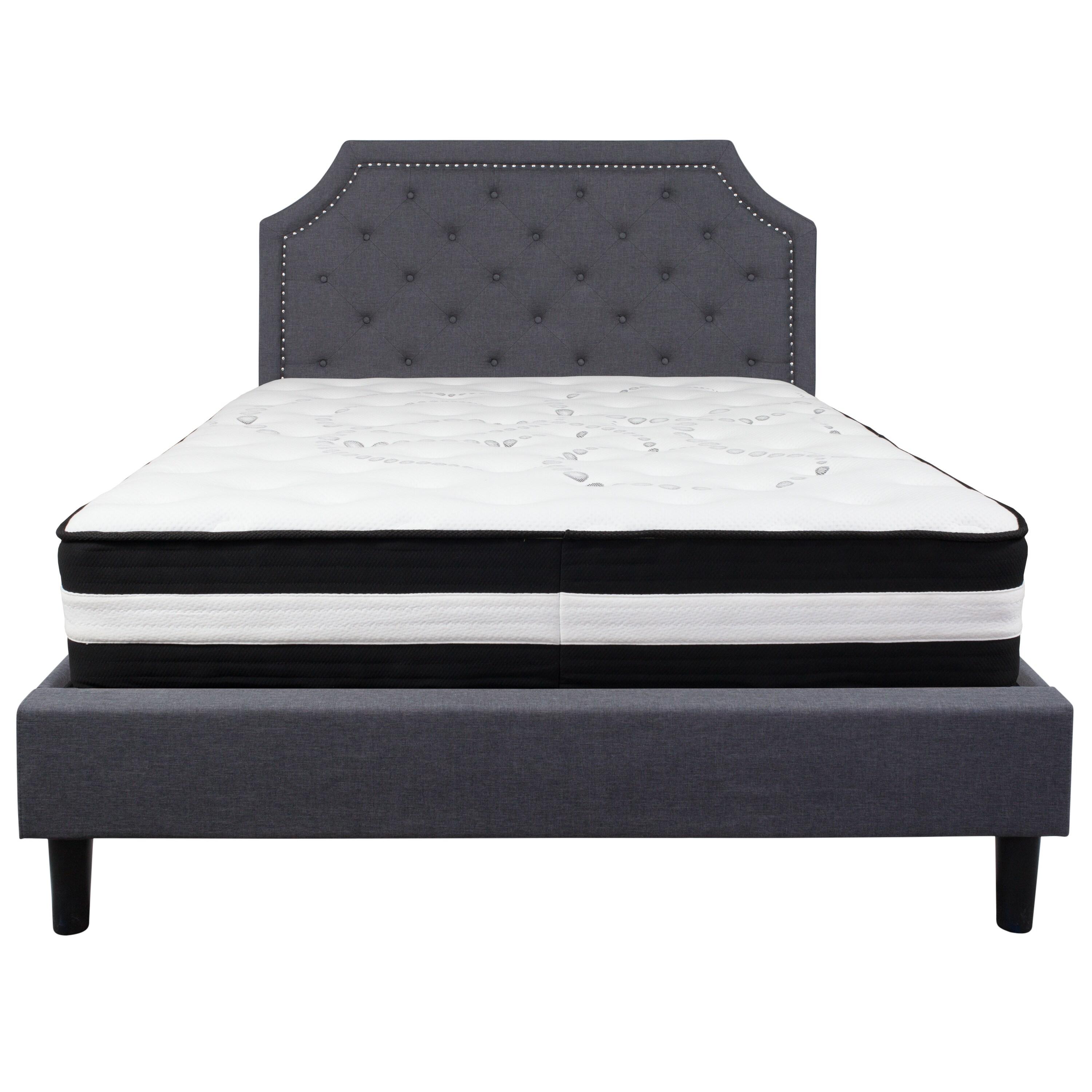 Flash Furniture Brighton Queen Size Tufted Upholstered Platform Bed in Dark Gray Fabric with Pocket Spring Mattress