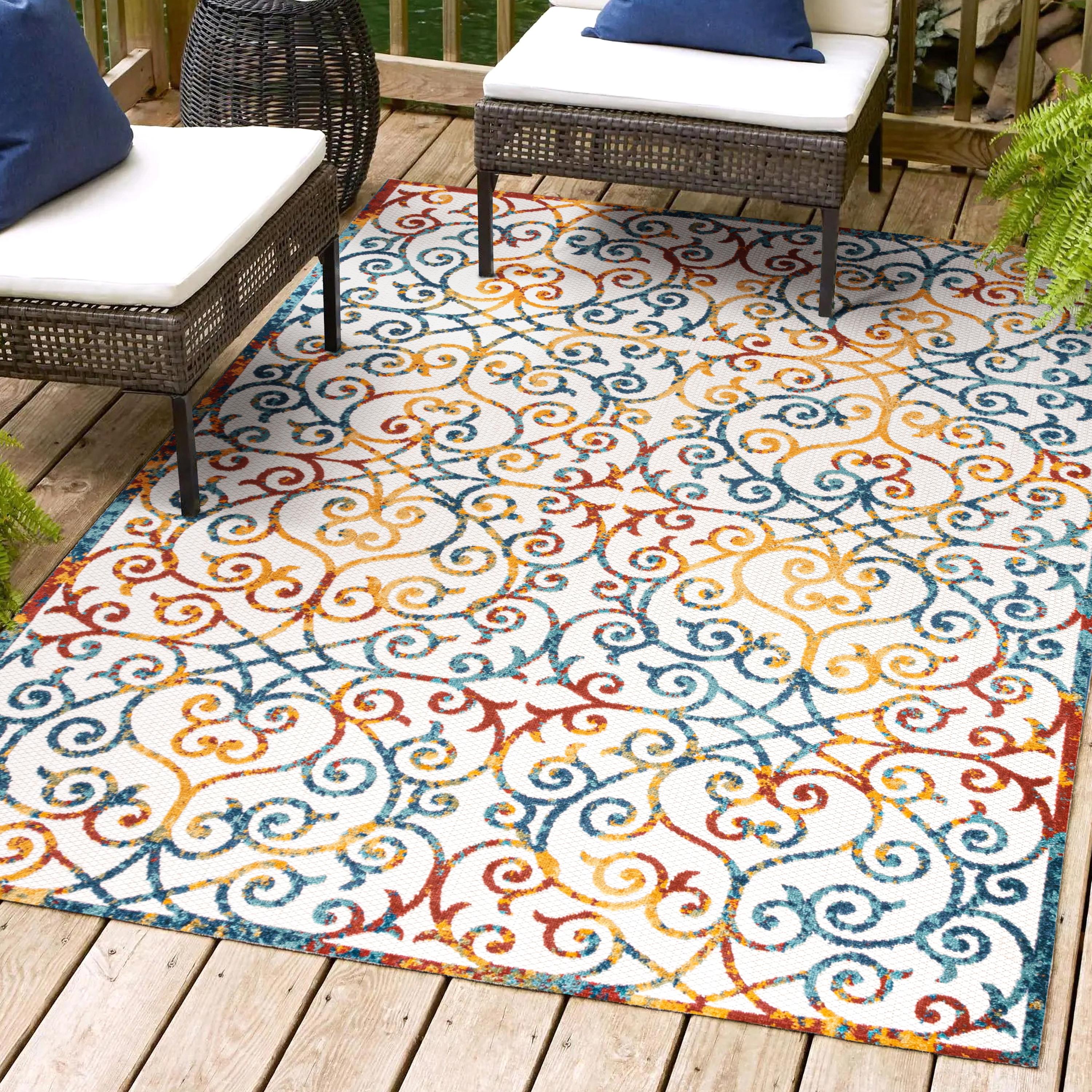 3'x5' Atrani Scroll Trellis Indoor/Outdoor Area Rug, Cream/Blue/Red - JONATHAN Y