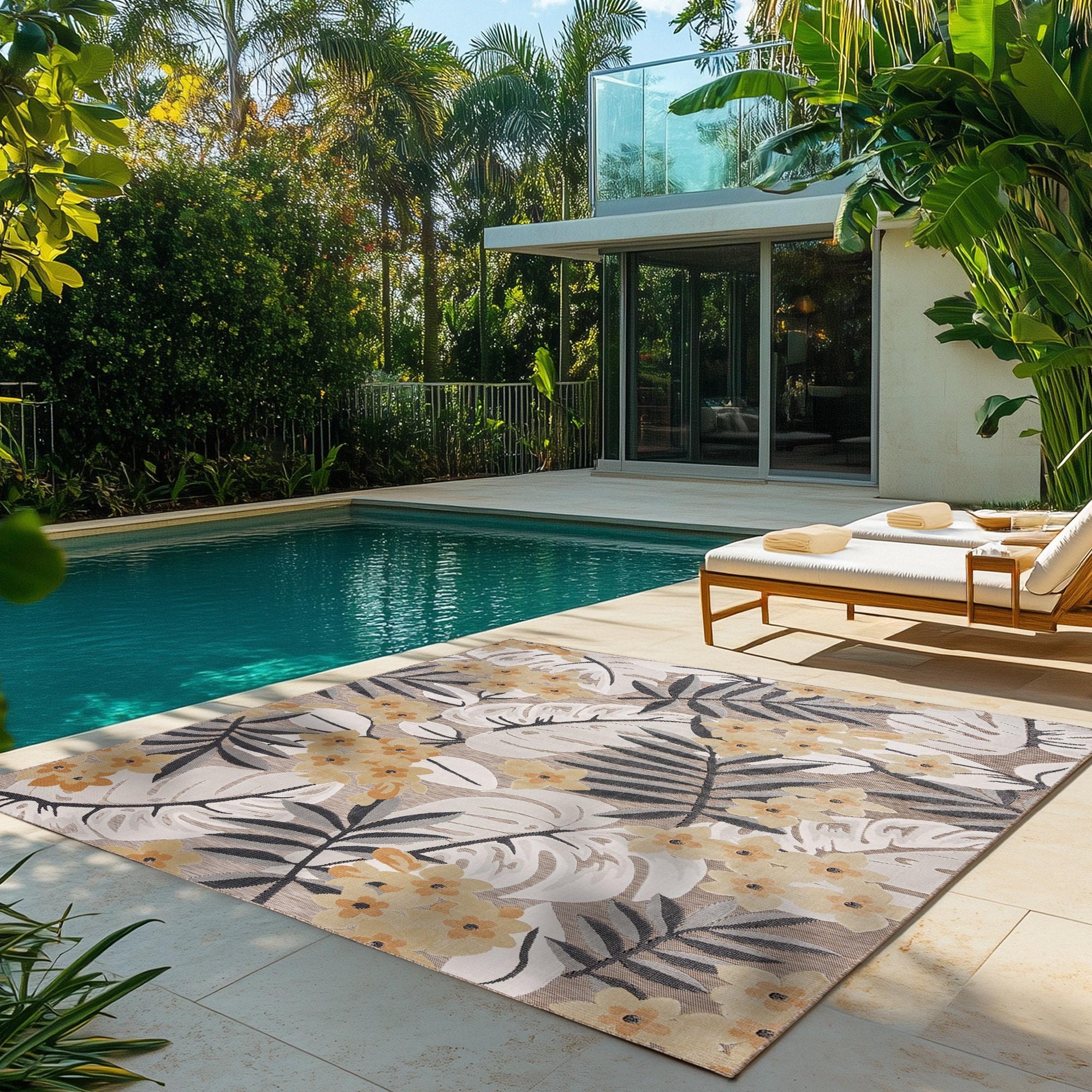 Gertmenian Tara Polly Gray Yellow Ivory Large Tropical Hawaiian Indoor/ Outdoor Flatweave High-Low Area Rug