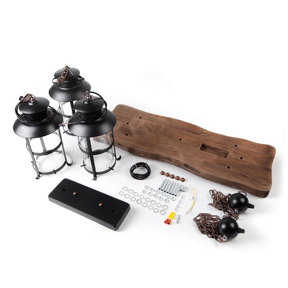 3-Light Rustic Kitchen Island Pendant Lamp Farmhouse Wood Iron Chandelier Industrial Ceiling Hanging Light with Glass Lampshade for Dining Living Room Restaurant Cafe Bar 39.4 x 27 in E26/E27 Base