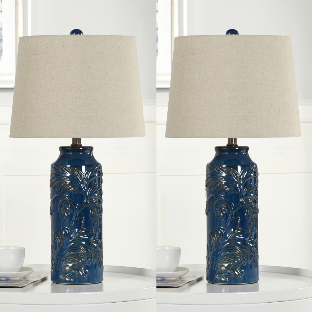Set of 2 Cloverfield Ceramic Table Lamps Navy Blue - StyleCraft: Botanical Pattern, White Linen Shade