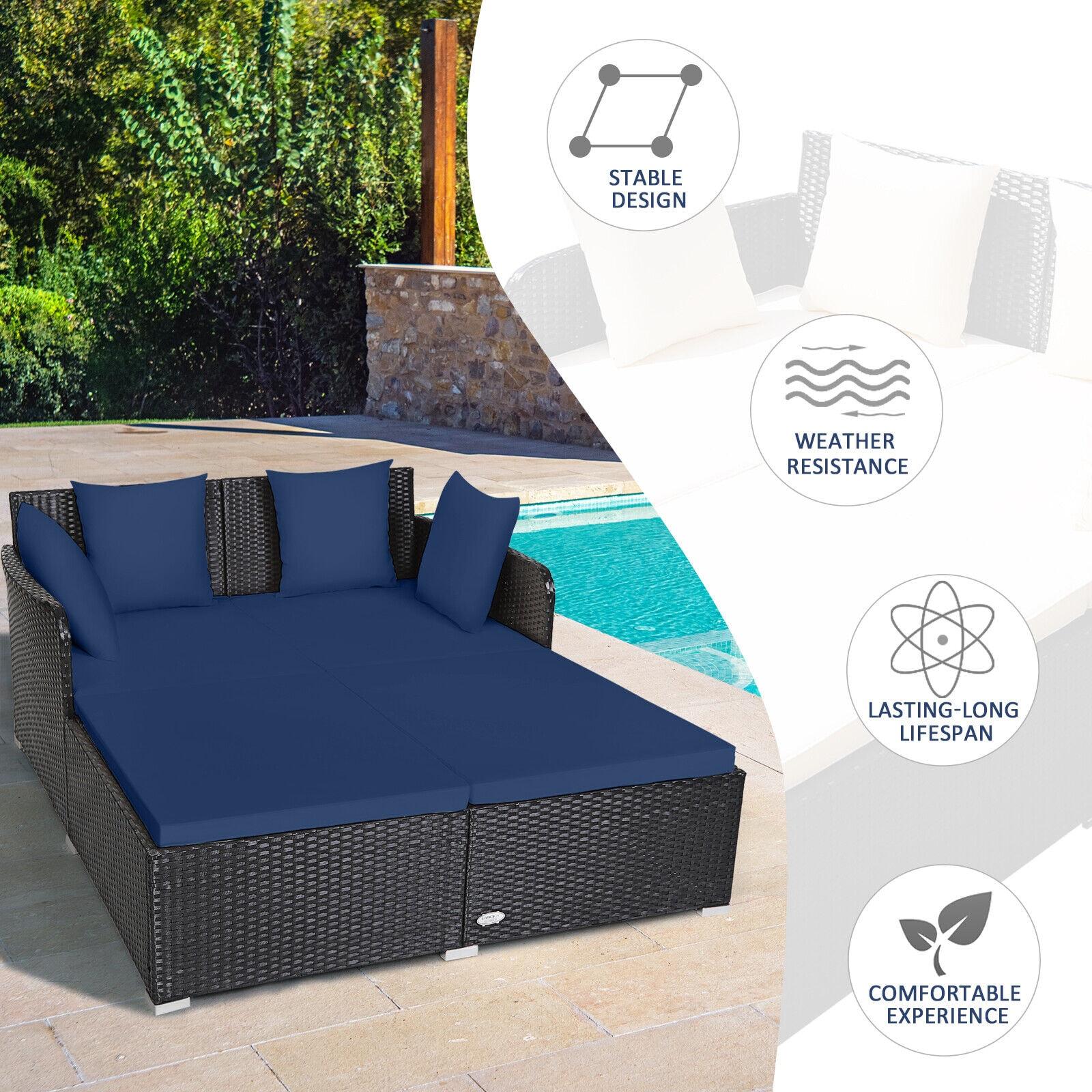 Costway Outdoor Patio Rattan Daybed Pillows Cushioned Sofa Furniture Navy
