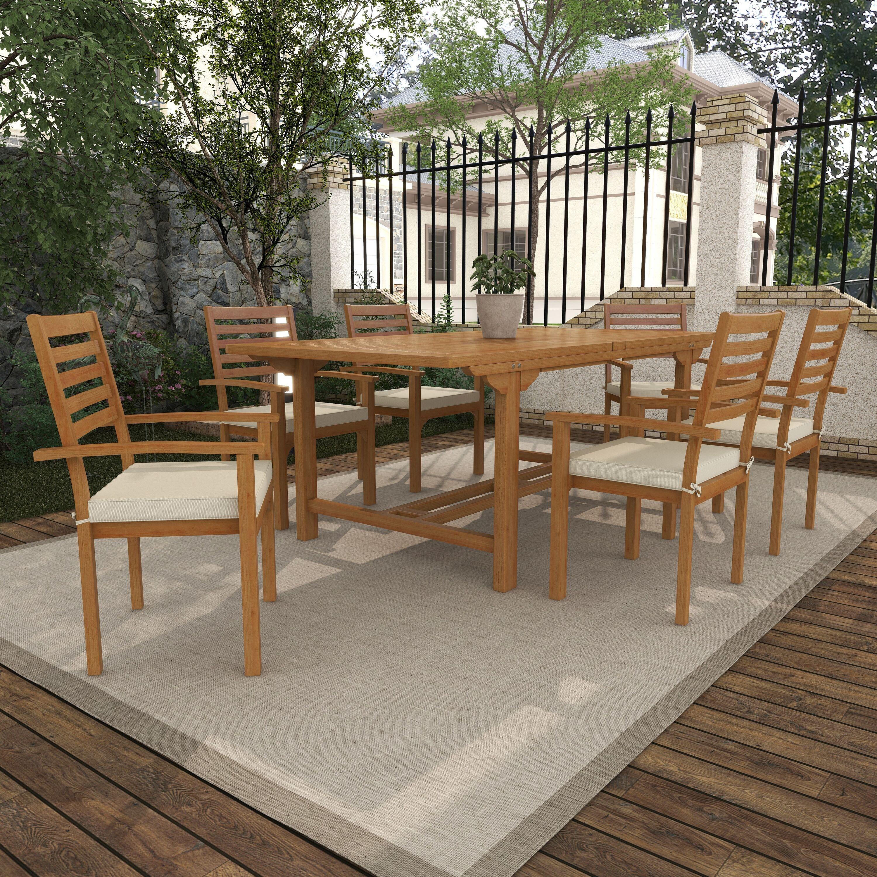 DecMode 83" x 31" Brown Teak Wood Outdoor Dining Set with White Cushions and Extendable Table Leaf, 7-Pieces