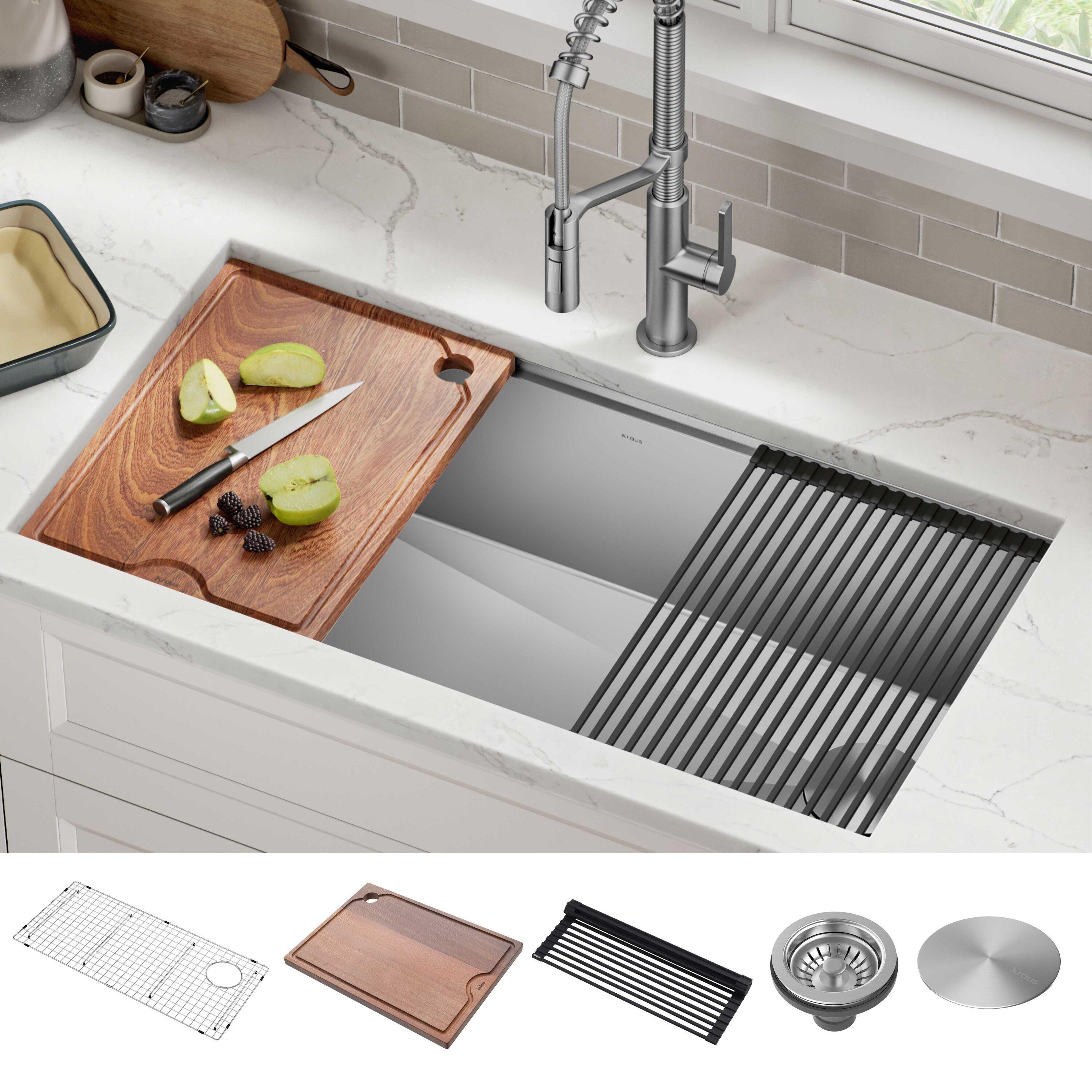 KRAUS Kore™ 36" L Undermount Workstation 16 Gauge Stainless Steel Single Bowl Kitchen Sink with Accessories