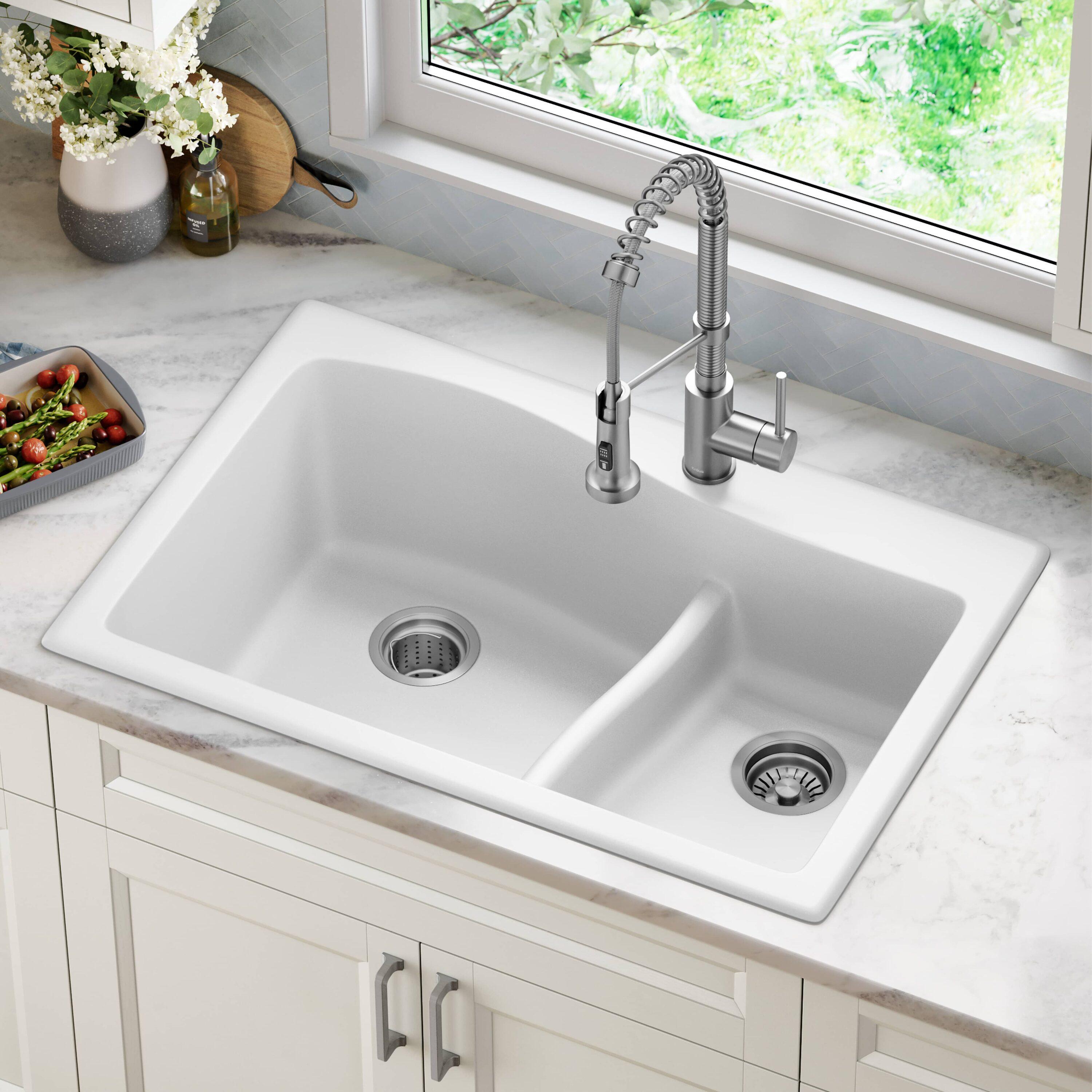 Kraus KRAUS Quarza™ 33" L Dual Mount 60/40 Double Bowl Granite Kitchen Sink KGD-442WHITE