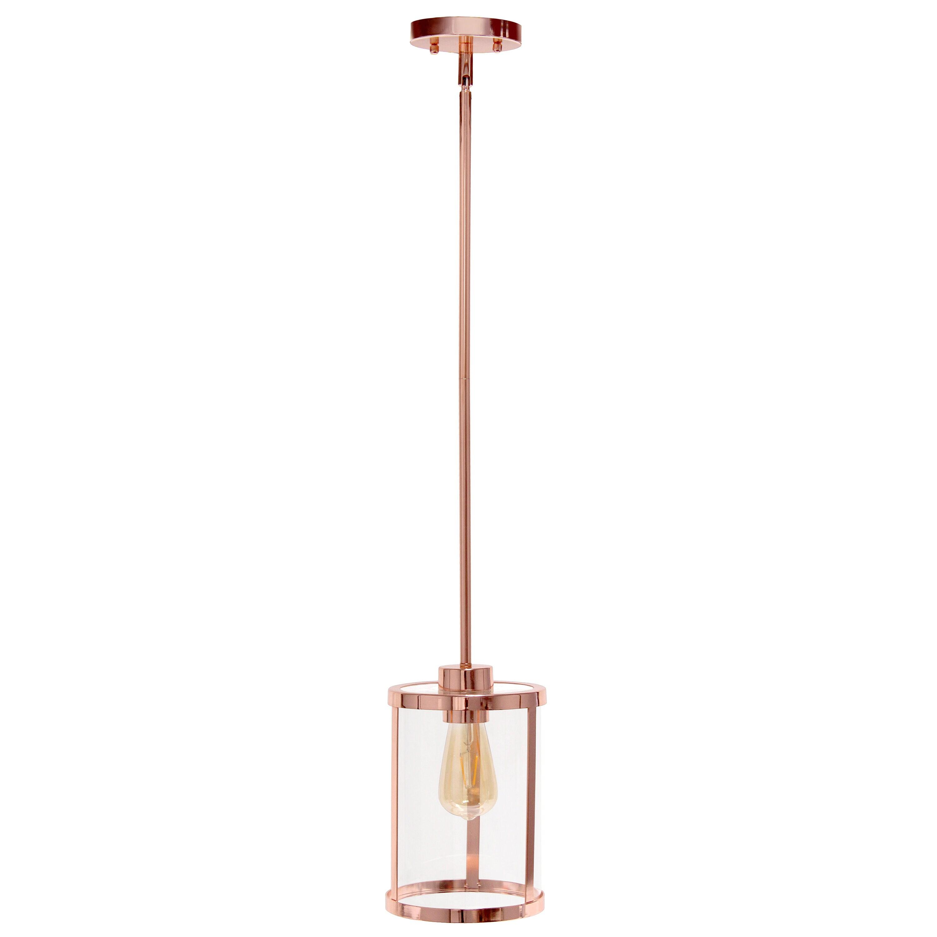 1-Light 9.25" Modern Farmhouse Adjustable Hanging Cylindrical Clear Glass Pendant Fixture with Metal Accent Rose Gold - Lalia Home