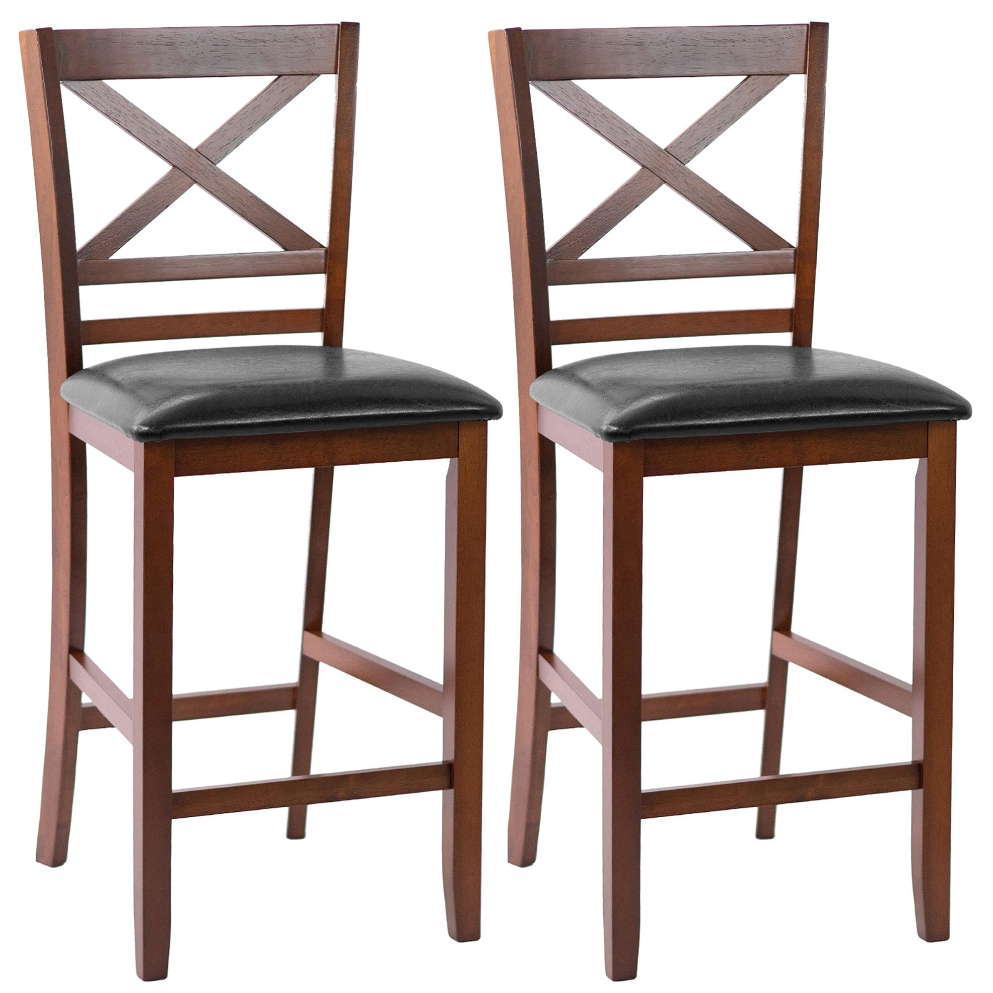 Set of 2 Walnut Wood Bar Stools with Black Leather Seat