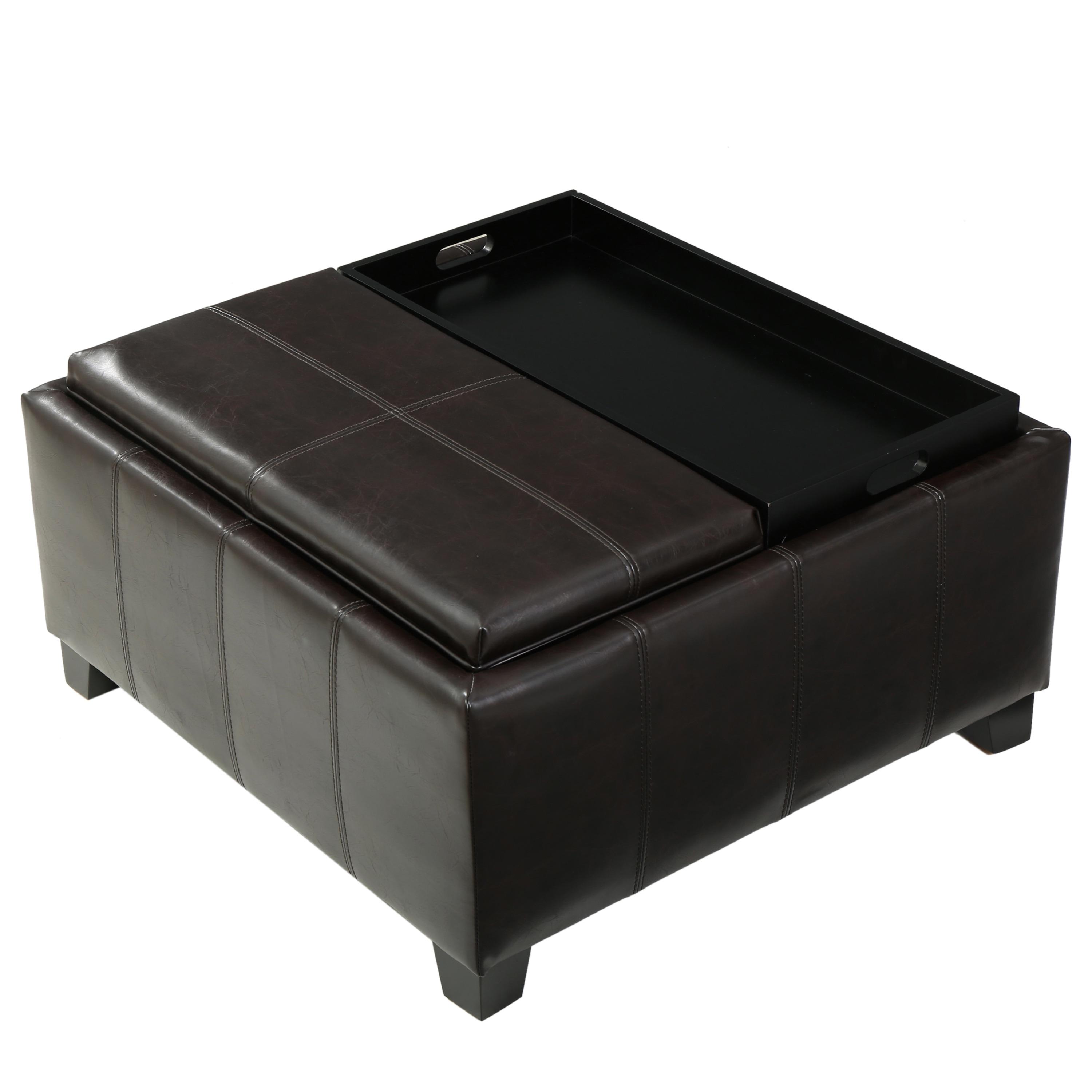 Mansfield Faux Leather Tray Top Storage Ottoman - Brown - Christopher Knight Home: Square Upholstered Bench with Wood Frame