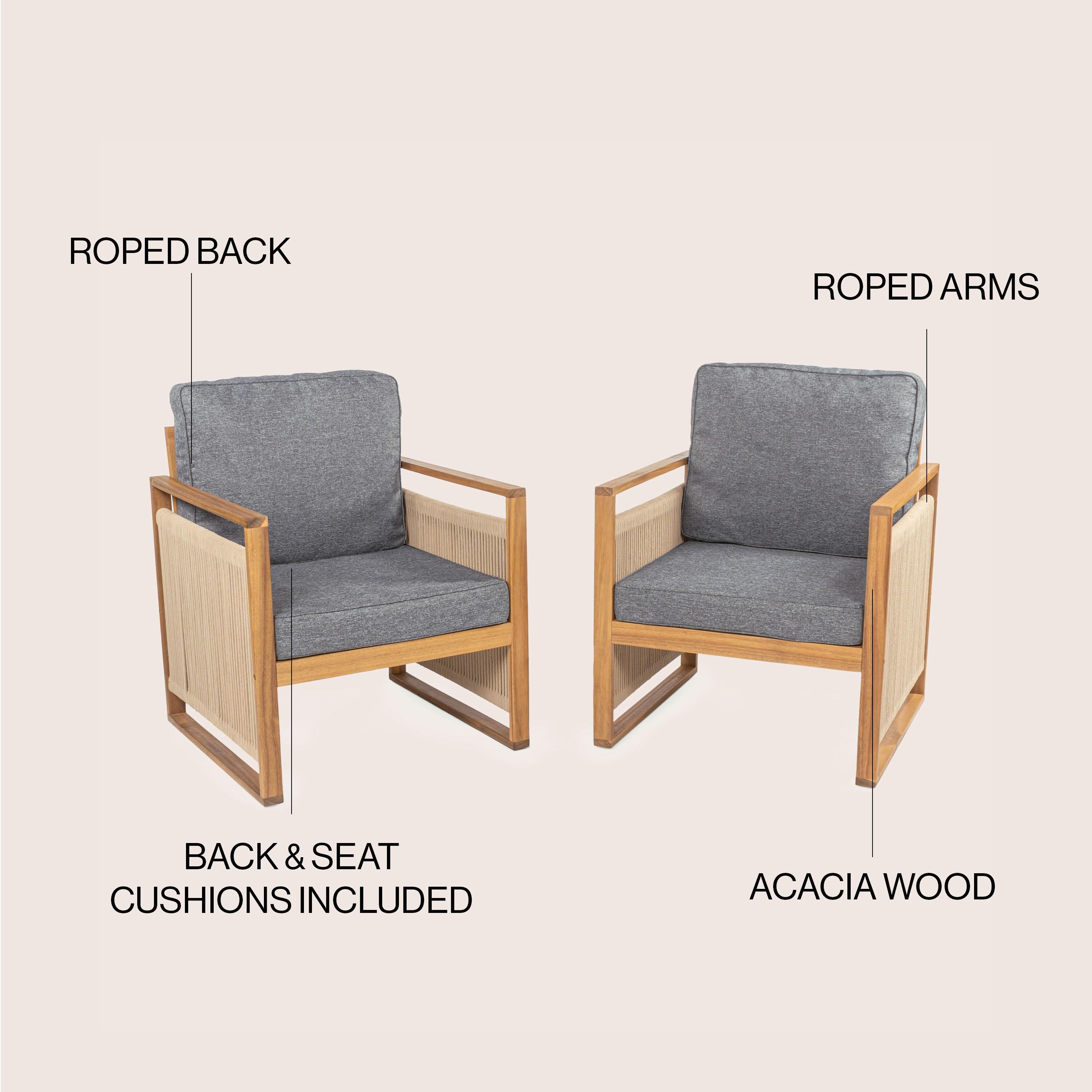 Gable Mid-Century Modern Roped Acacia Wood Outdoor Patio Chair with Cushions, Gray/Teak Brown (Set of 2) - JONATHAN Y