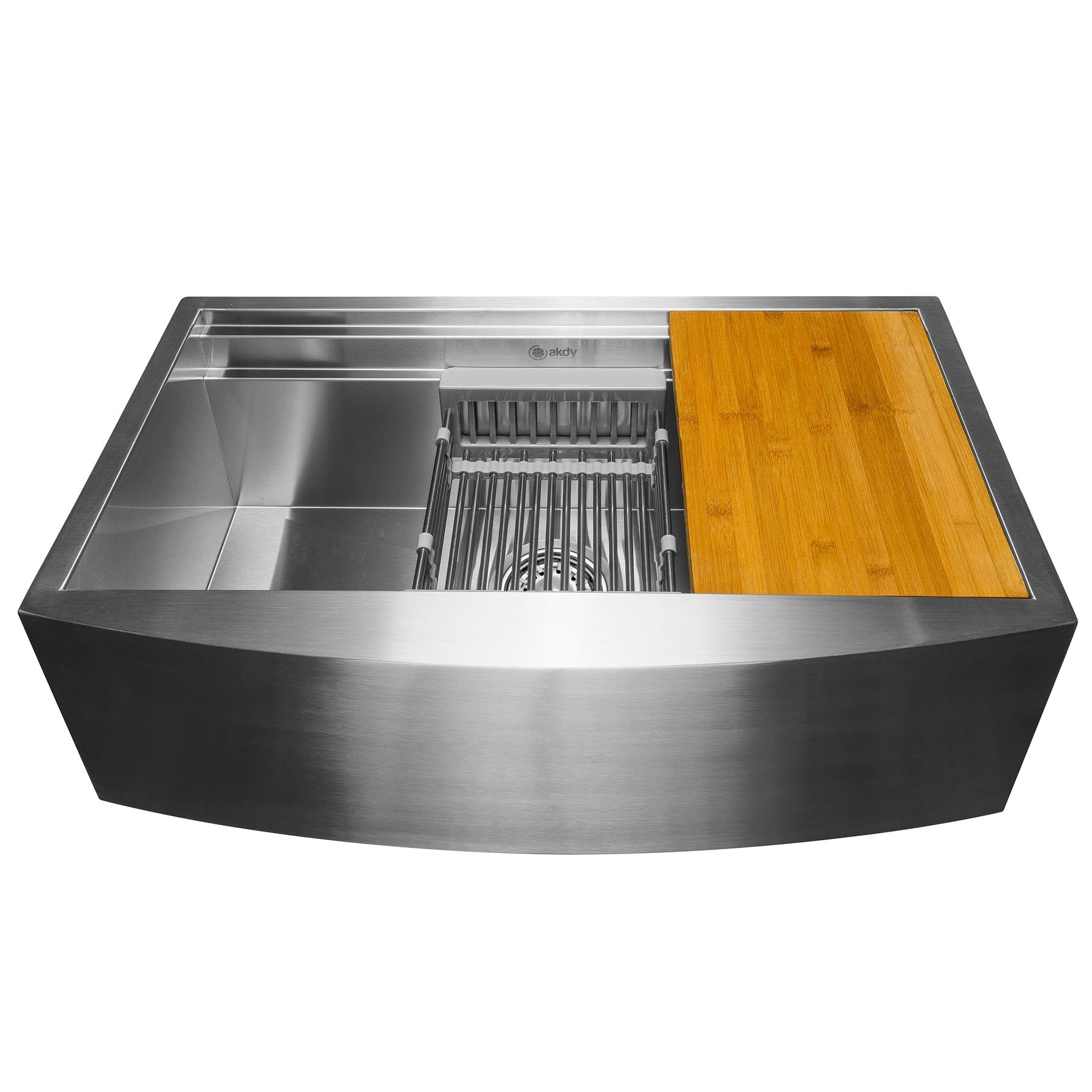 AKDY Farmhouse Apron Front 33-in x 22-in Brushed Stainless Steel Single Bowl Workstation Kitchen Sink