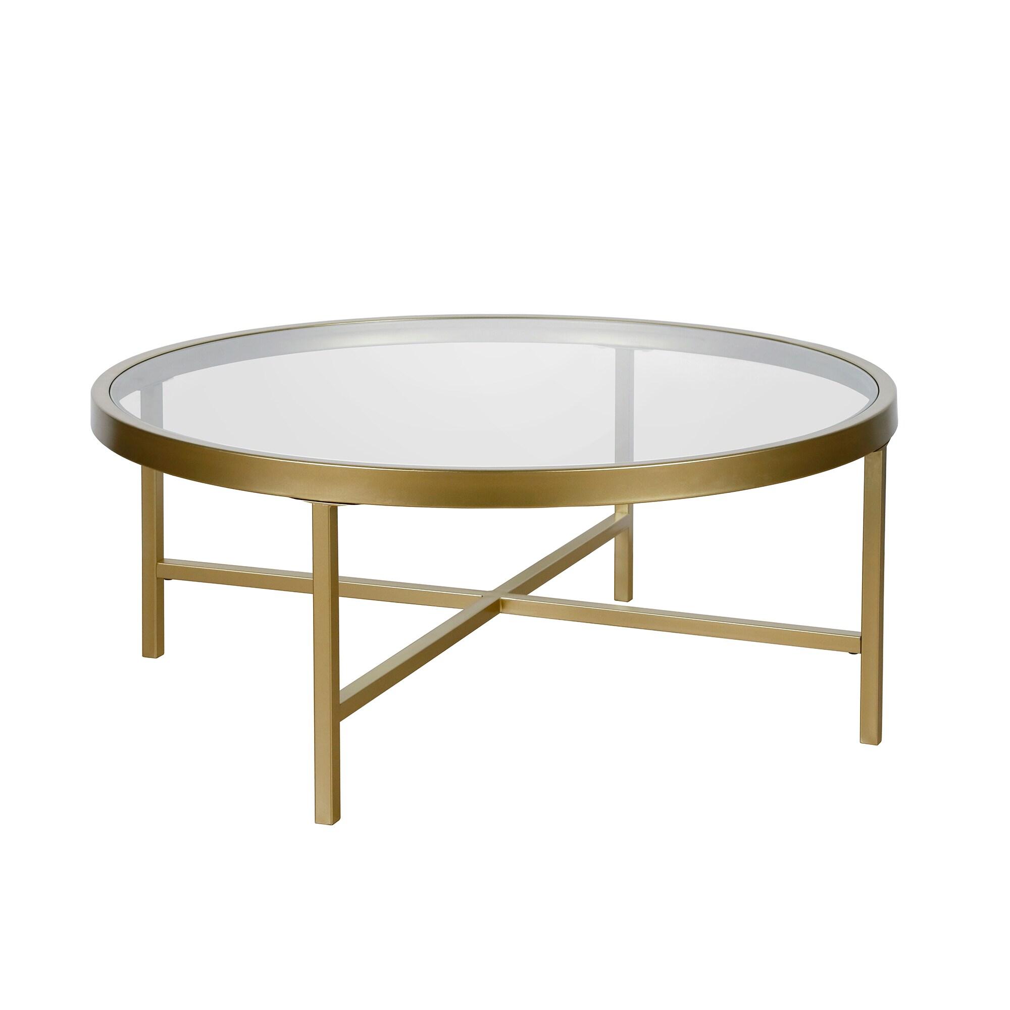 Evelyn&Zoe Round Metal Base Coffee Table in Brass and Gold