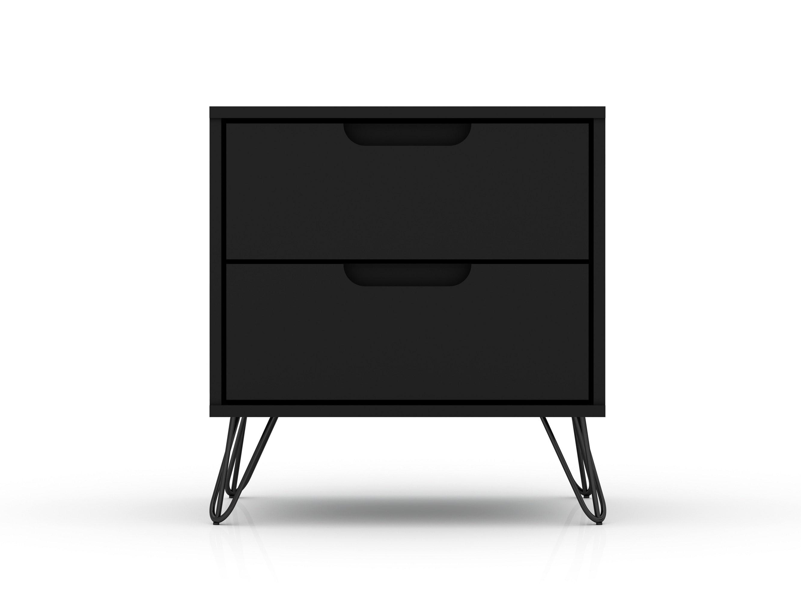Set of 2 Rockefeller 2 Drawer Nightstands Black - Manhattan Comfort: Modern Bedside Storage Furniture