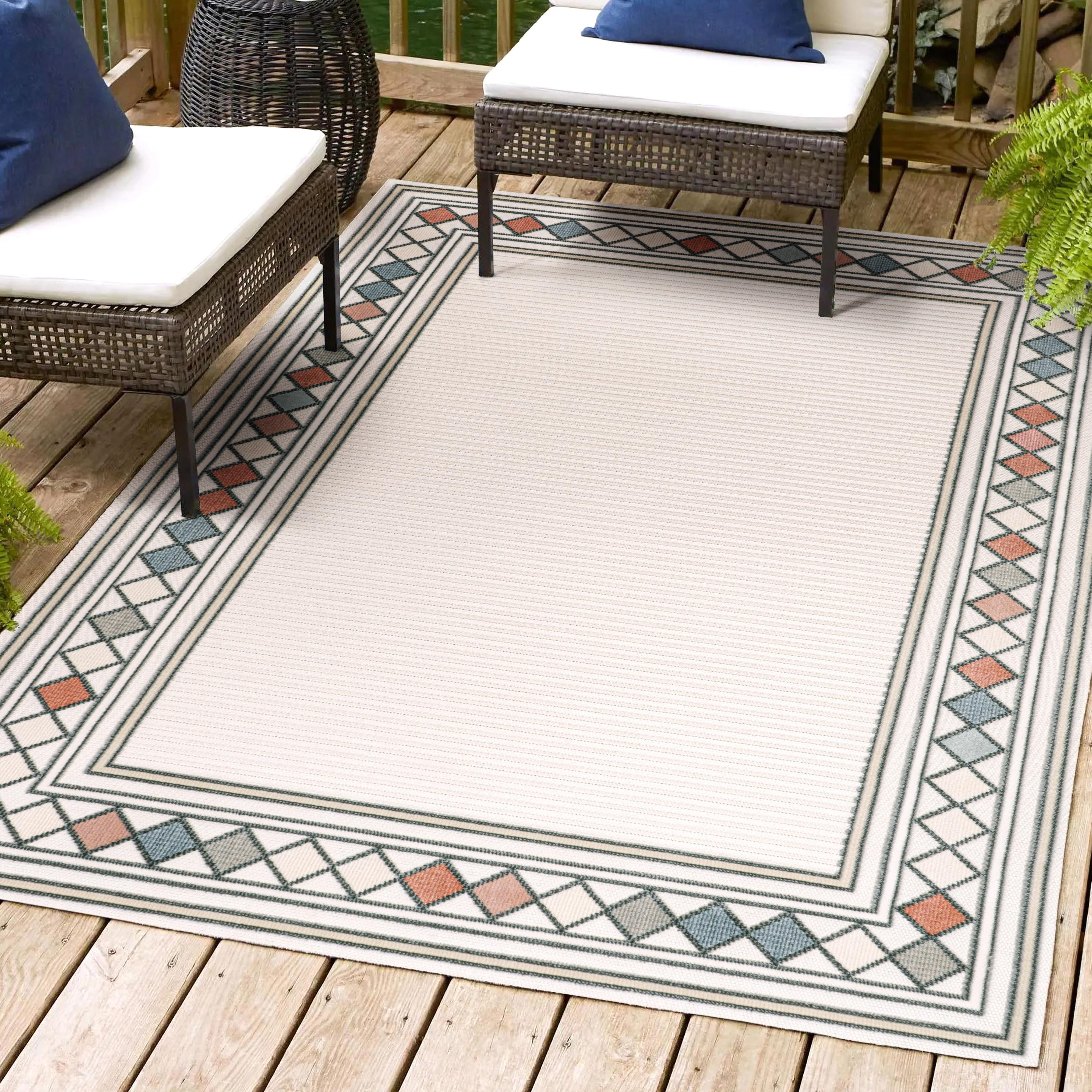 JONATHAN Y Sebastian High-Low Modern Diamond Border Ivory/Beige 5 ft. x 8 ft. Indoor/Outdoor Area Rug