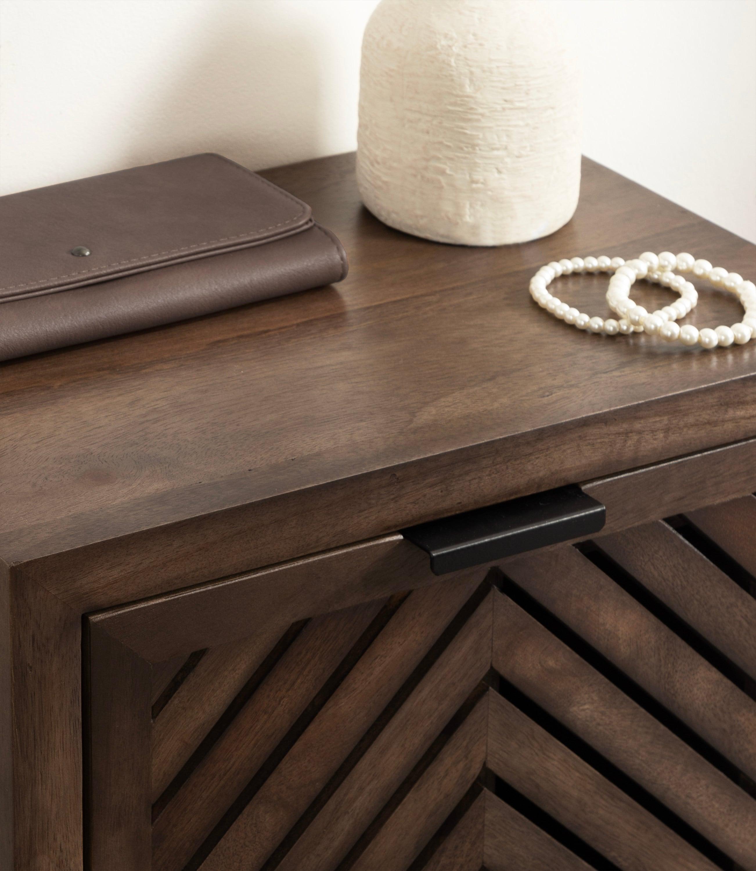 Kate and Laurel Mezzeta Modern Floating Shelf Side Table with Storage Cubby, 16 x 10 x 12, Natural Wood, Decorative Slatted Wood Floating Nightstand with Pull Down Door for Use as Bathroom Storage