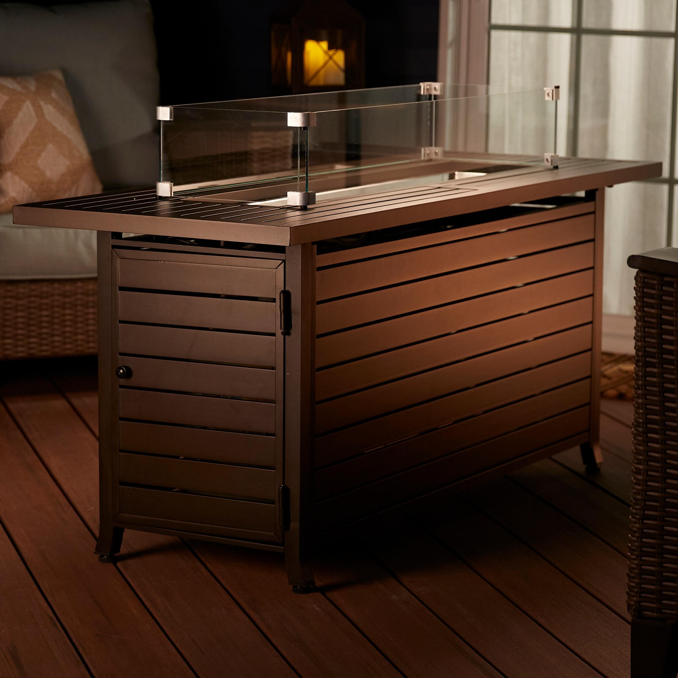 56 in. x 21 in. Rectangular Fire Table with Glass Wind Guard, Cover and Table Lid in Bronze