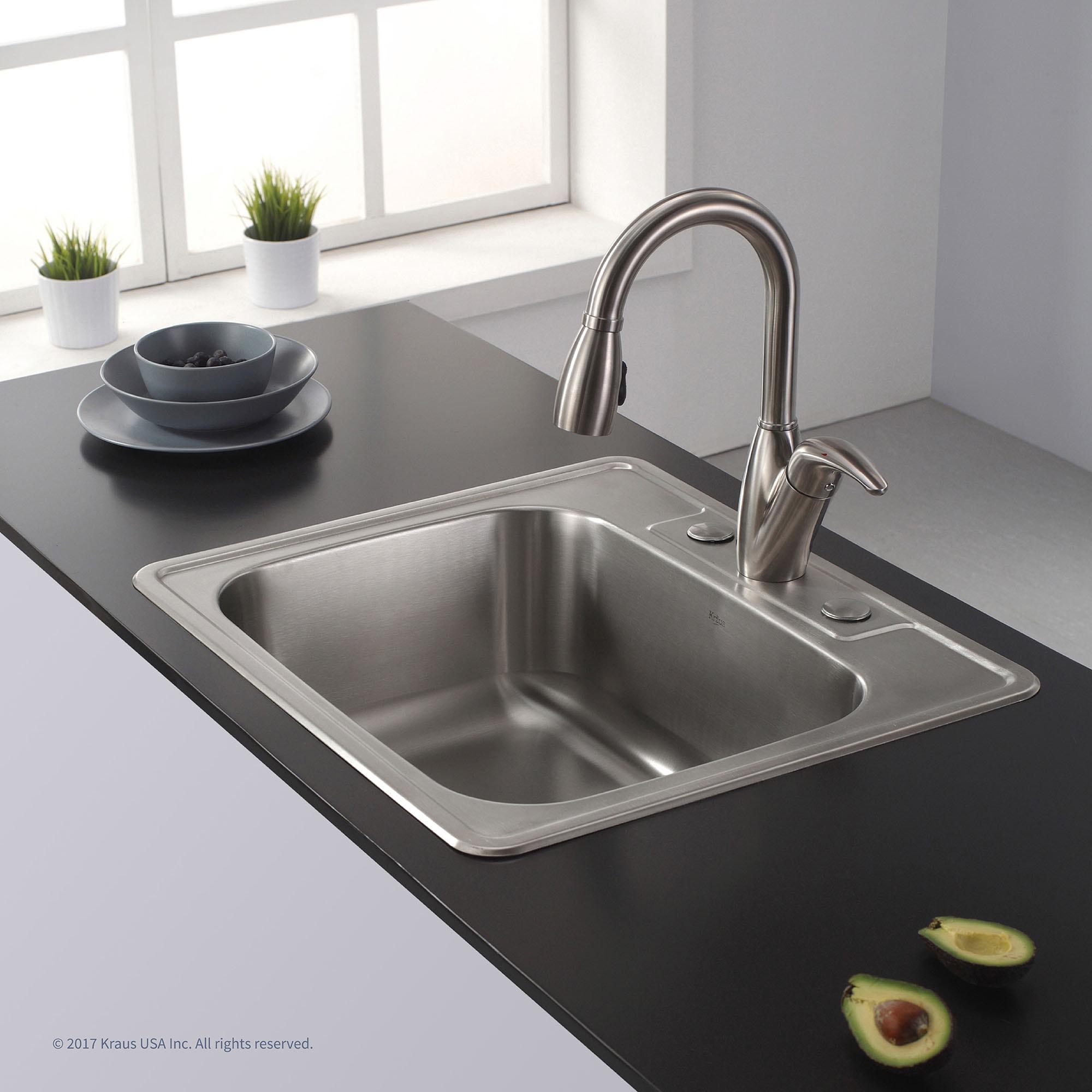 KRAUS 25 inch L Topmount Single Bowl 18 Gauge Stainless Steel Kitchen Sink with NoiseDefend Soundproofing