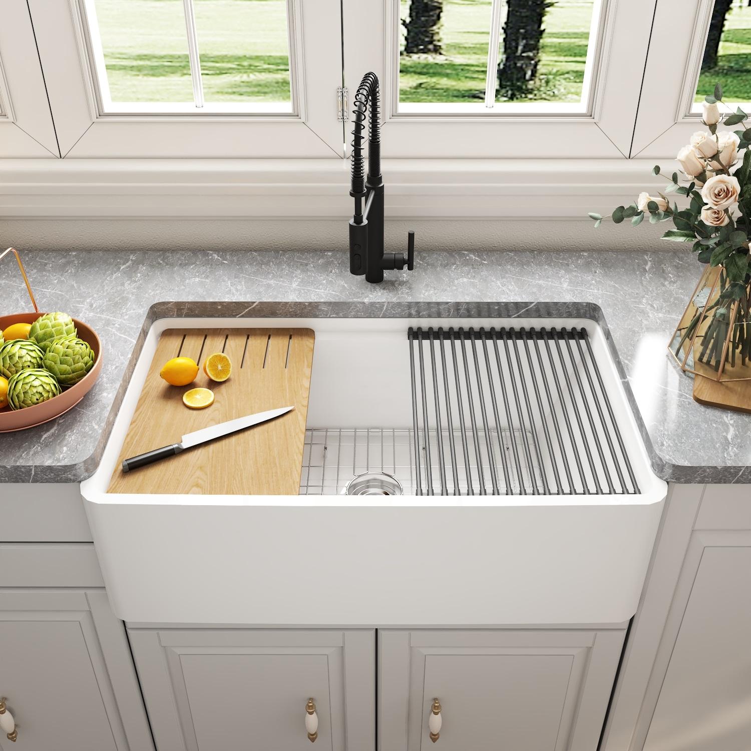 DeerValley 33" L X 20" W Single Basin Workstation Farmhouse Kitchen Sink With Sink Grid, Cutting Board And Dish-Drying Rack