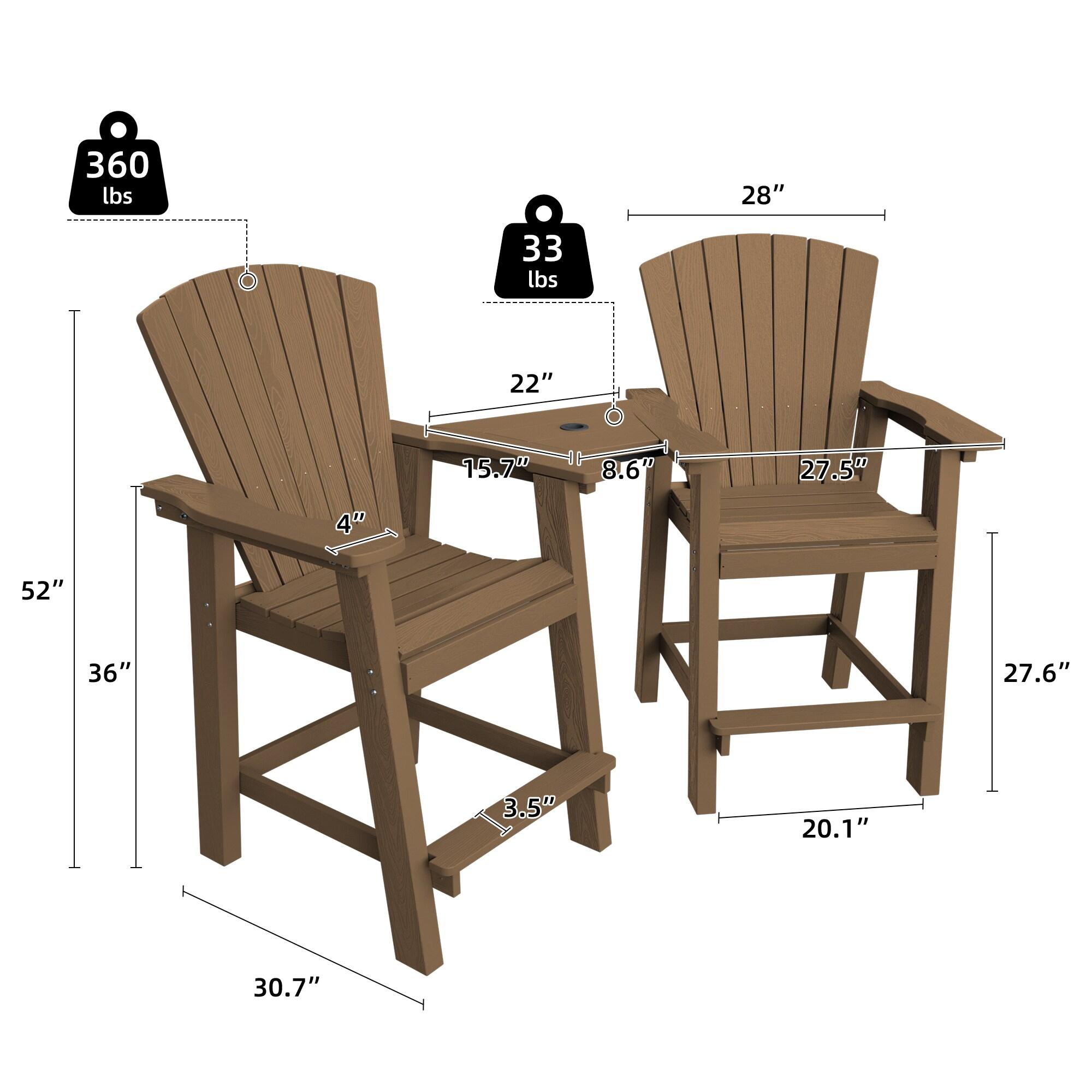 JUSTLET Tall Plastic Adirondack Chair Set of 2 W/ Outdoor Barstools and Connecting Tray, Brown