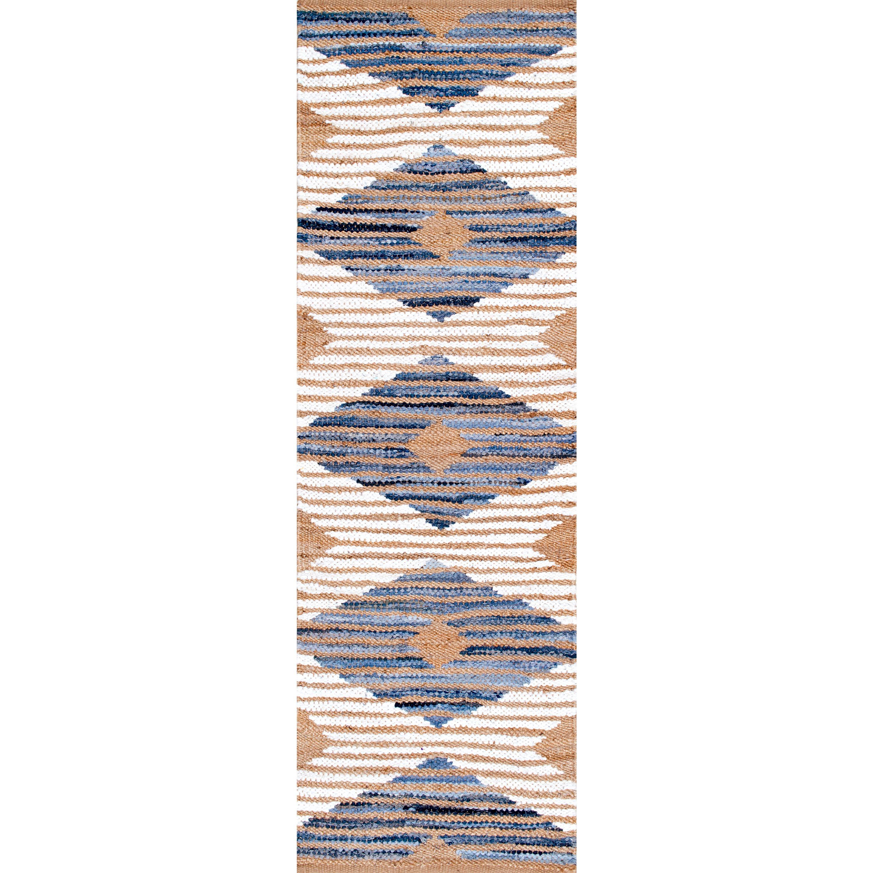 nuLOOM Hand Braided Marla Denim And Jute Diamonds Area Rug, Runner 2' 6" x 10', Off White