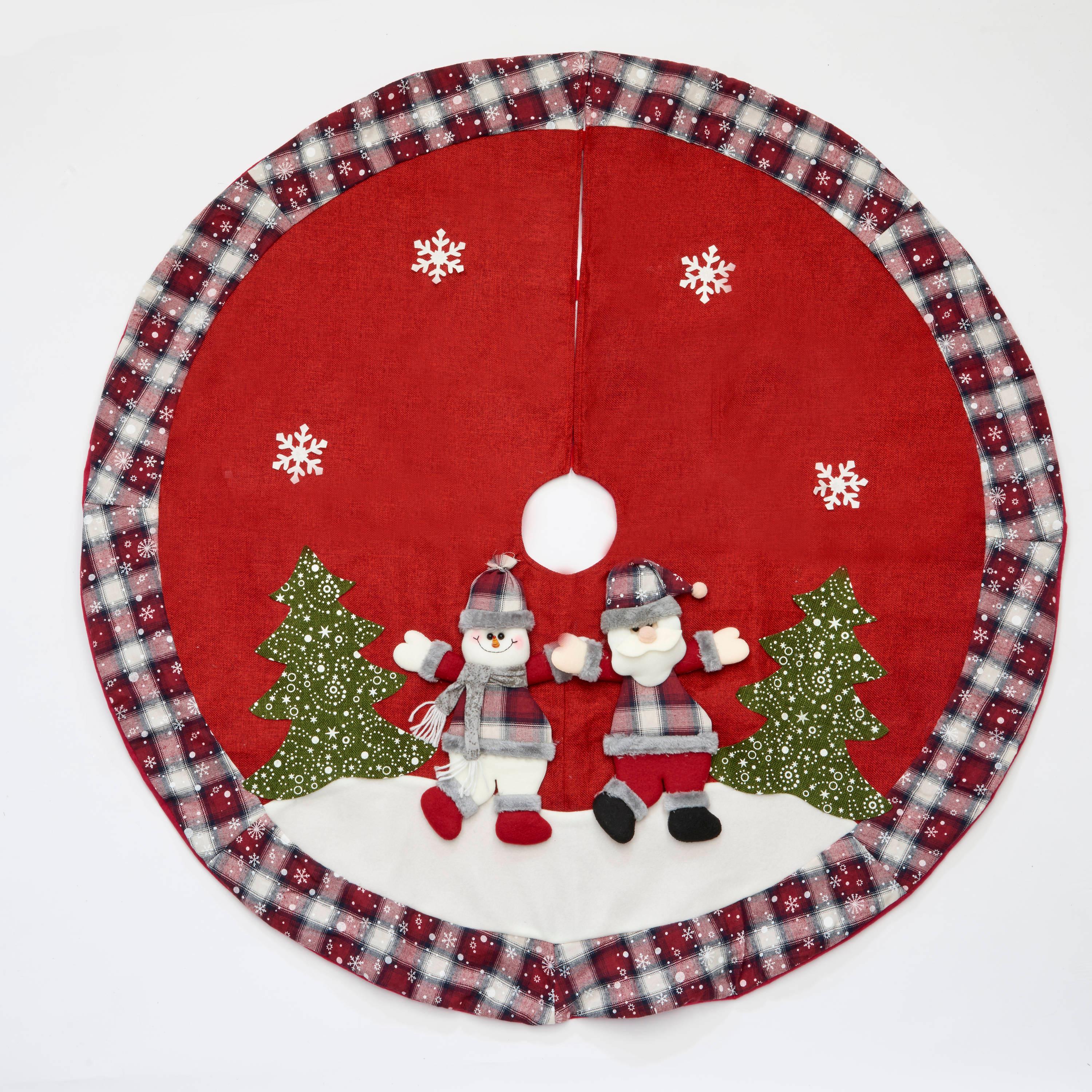 Red Plaid Burlap Christmas Tree Skirt with Snowman and Santa