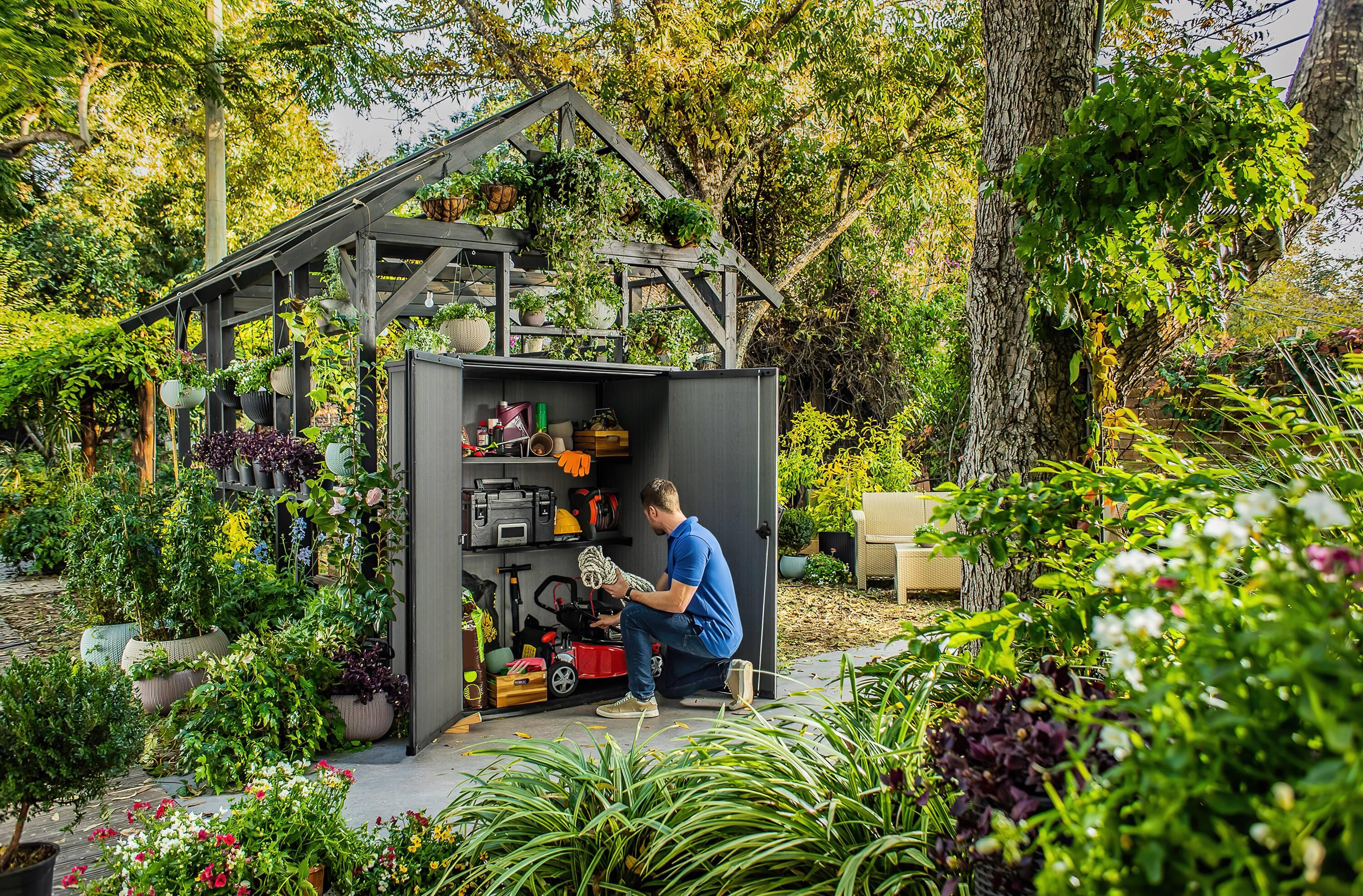 Gray Resin Vertical Outdoor Storage Shed with Double Doors