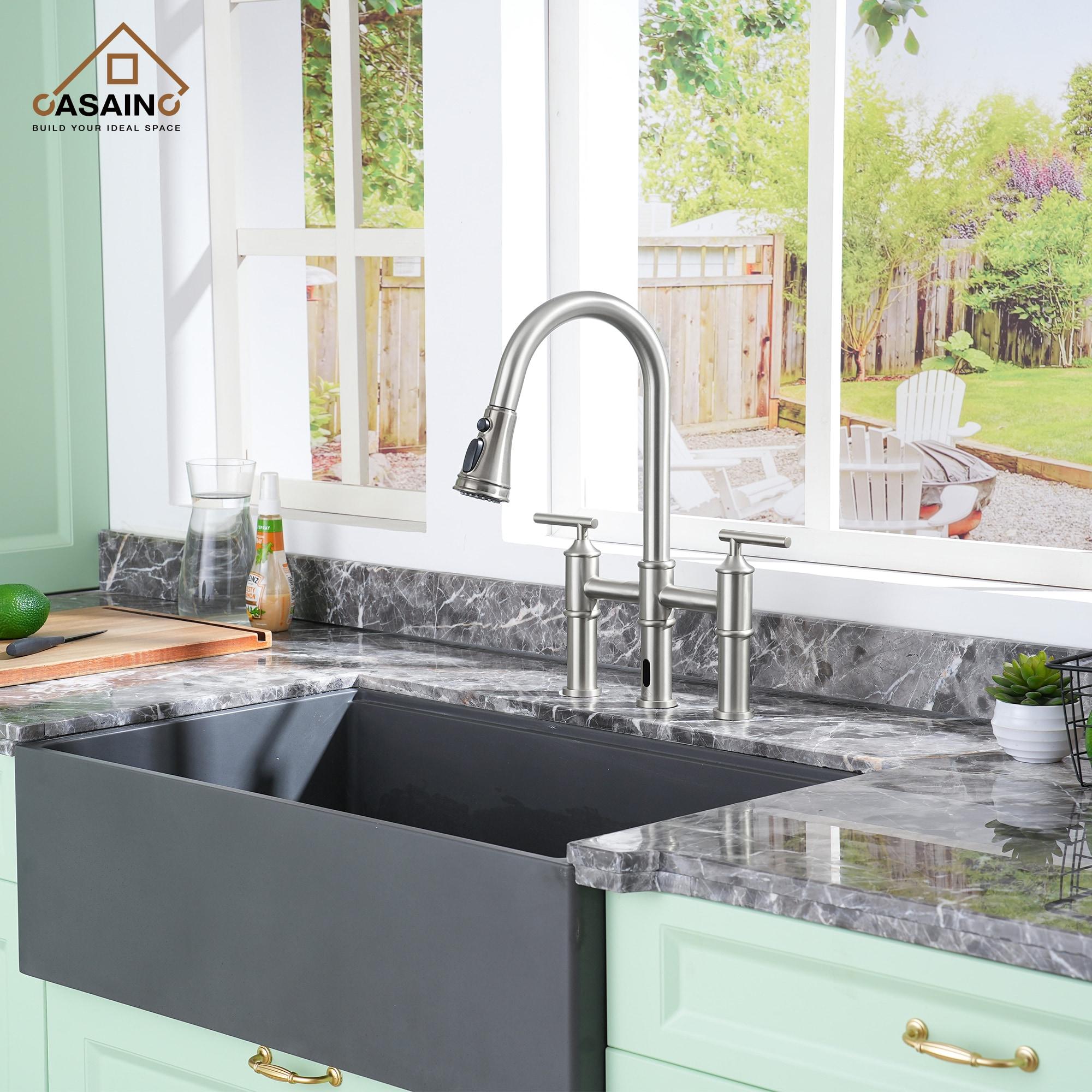 Double Handle Pull-Out Sprayer Bridge Kitchen Faucet with Infrared Sensor in Brushed Nickel