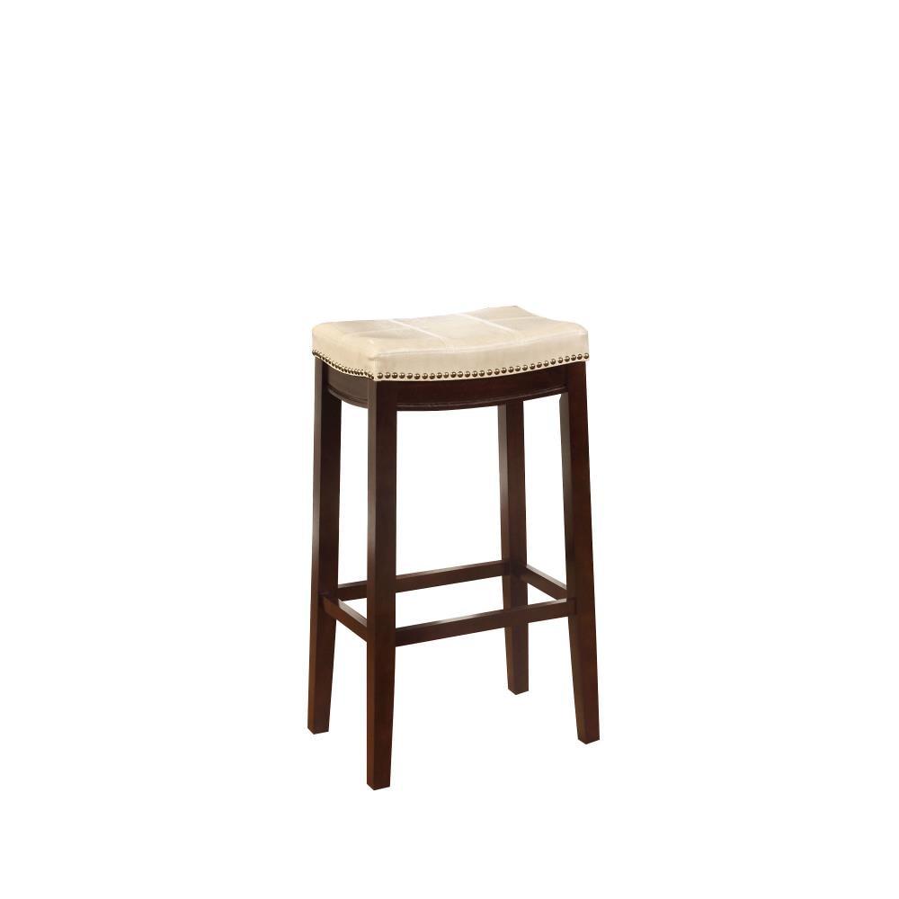 Linon Claridge Backless Faux Leather Nailhead Saddle Barstool Beige : Upholstered, Rubberwood Legs, Fixed Height
