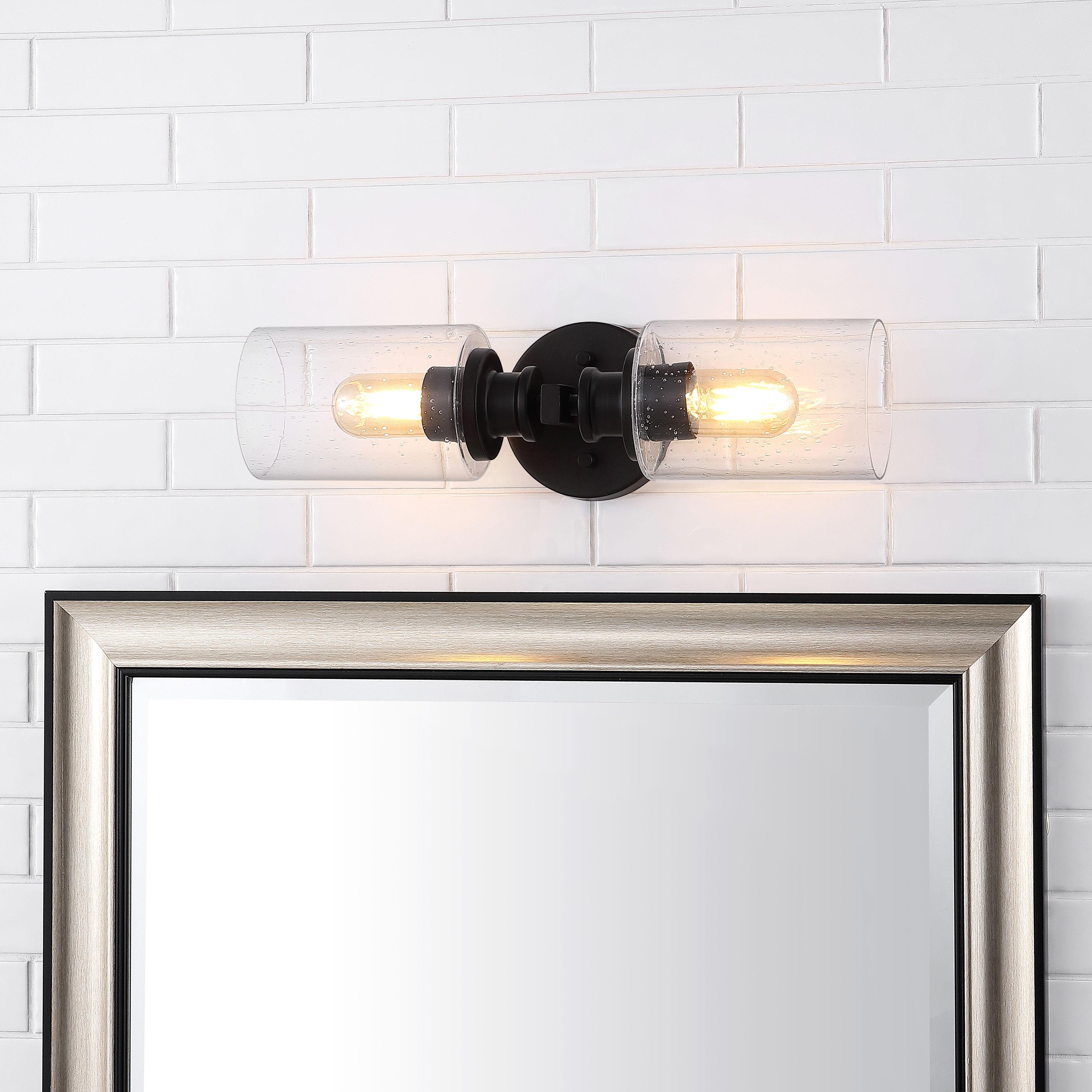 JONATHAN Y Jules Edison 16.5" Cylinder 2-Light Iron/Seeded Glass Farmhouse Contemporary LED Wall Sconce, Black