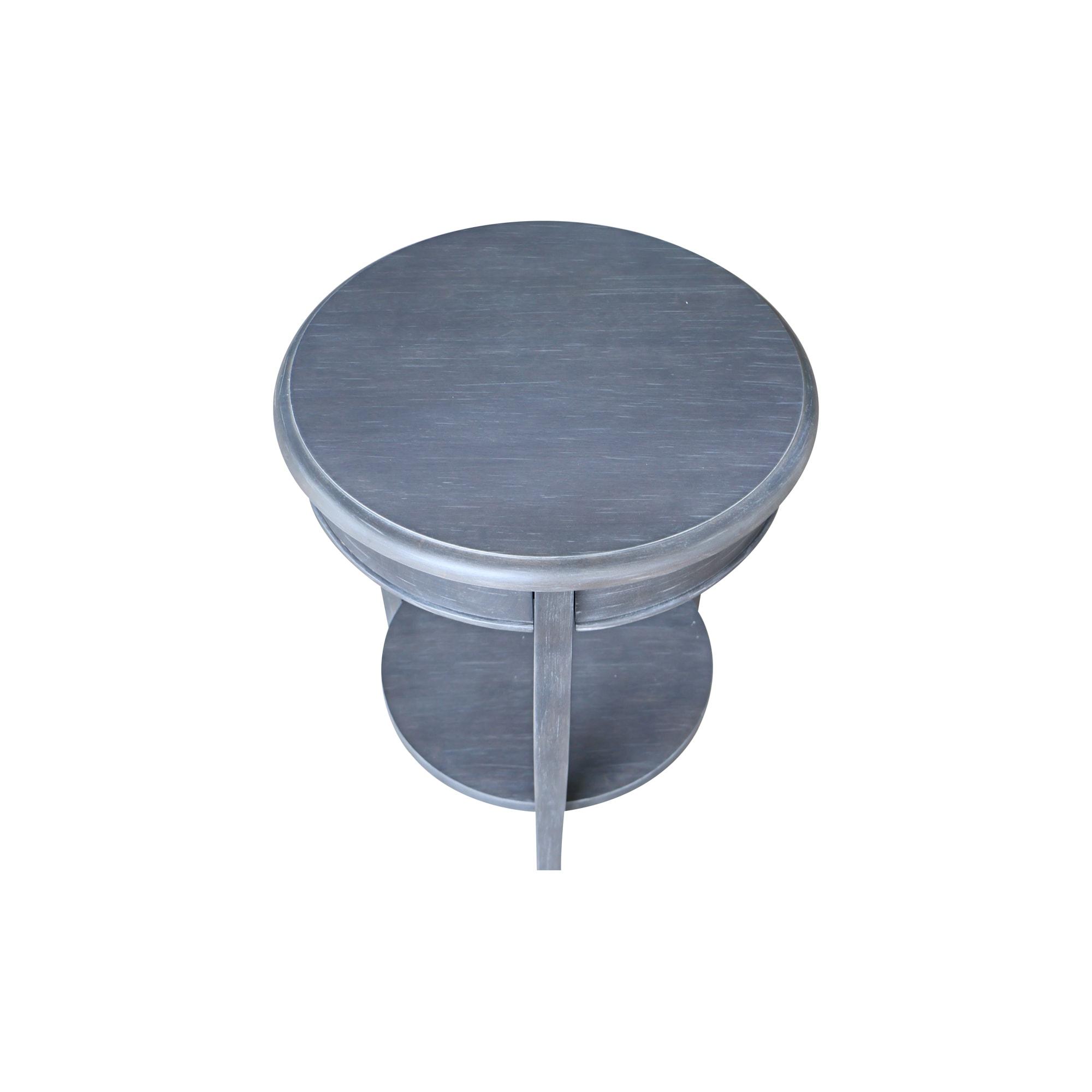 Cambria Round End Table Antique/Heather Gray - International Concepts: Solid Wood, Fixed Shelf