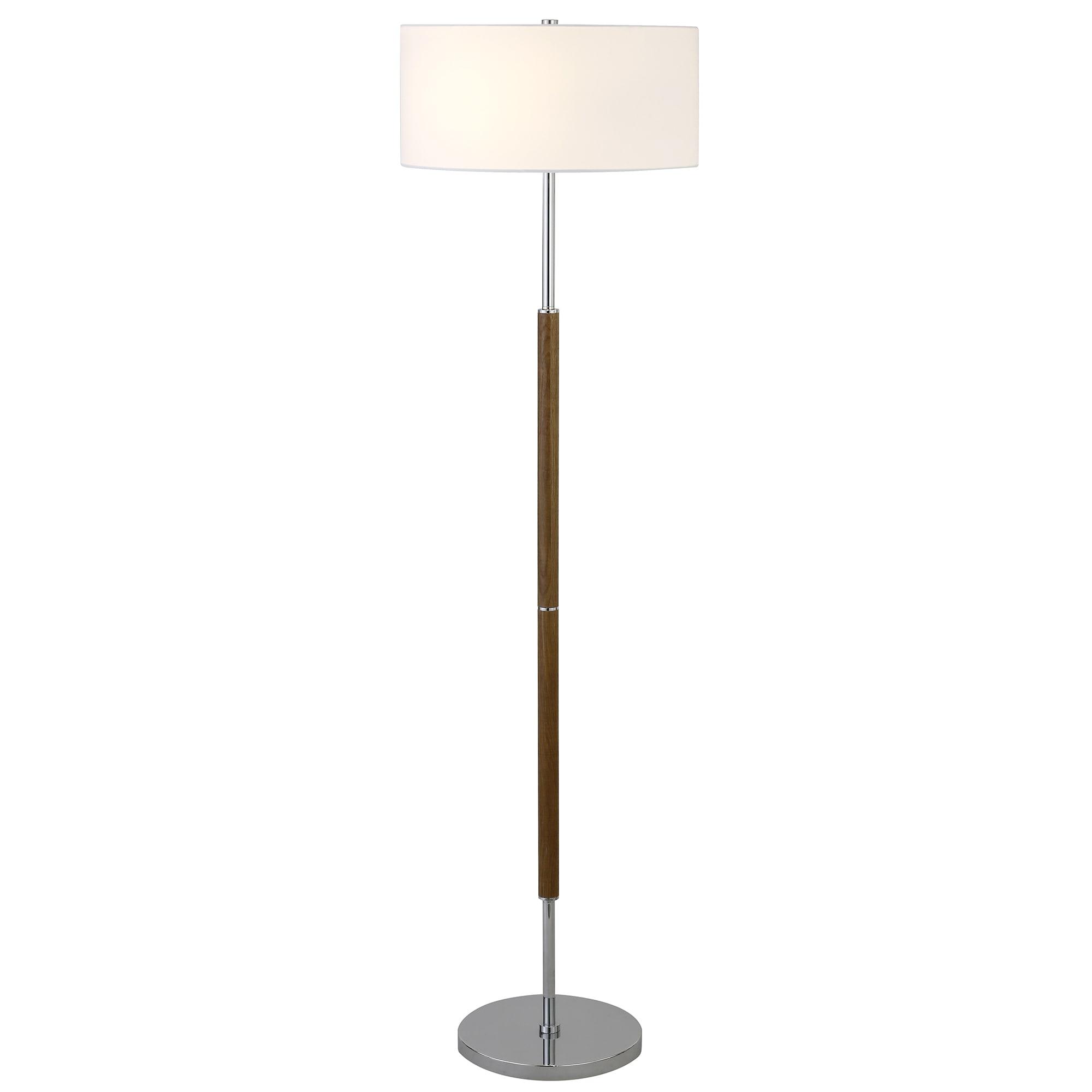 Evelyn&Zoe Simone 2-Light Floor Lamp with Fabric Shade, Rustic Oak/Polished Nickel/White