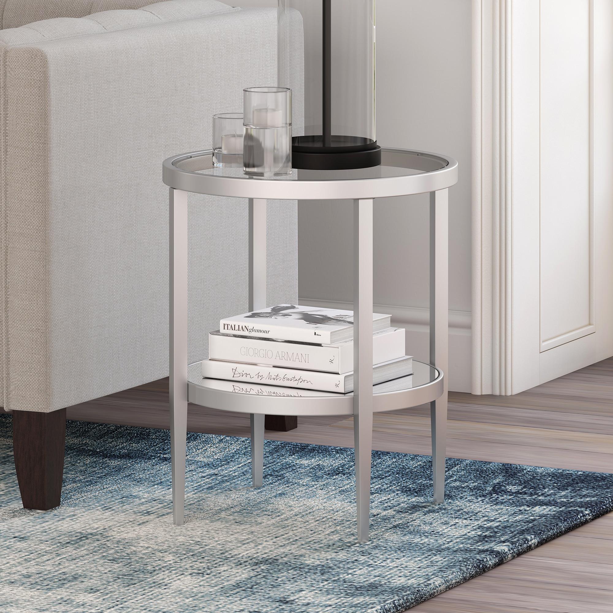 Evelyn&Zoe Hera 20" Wide Round Side Table with Mirror Shelf, Satin Nickel