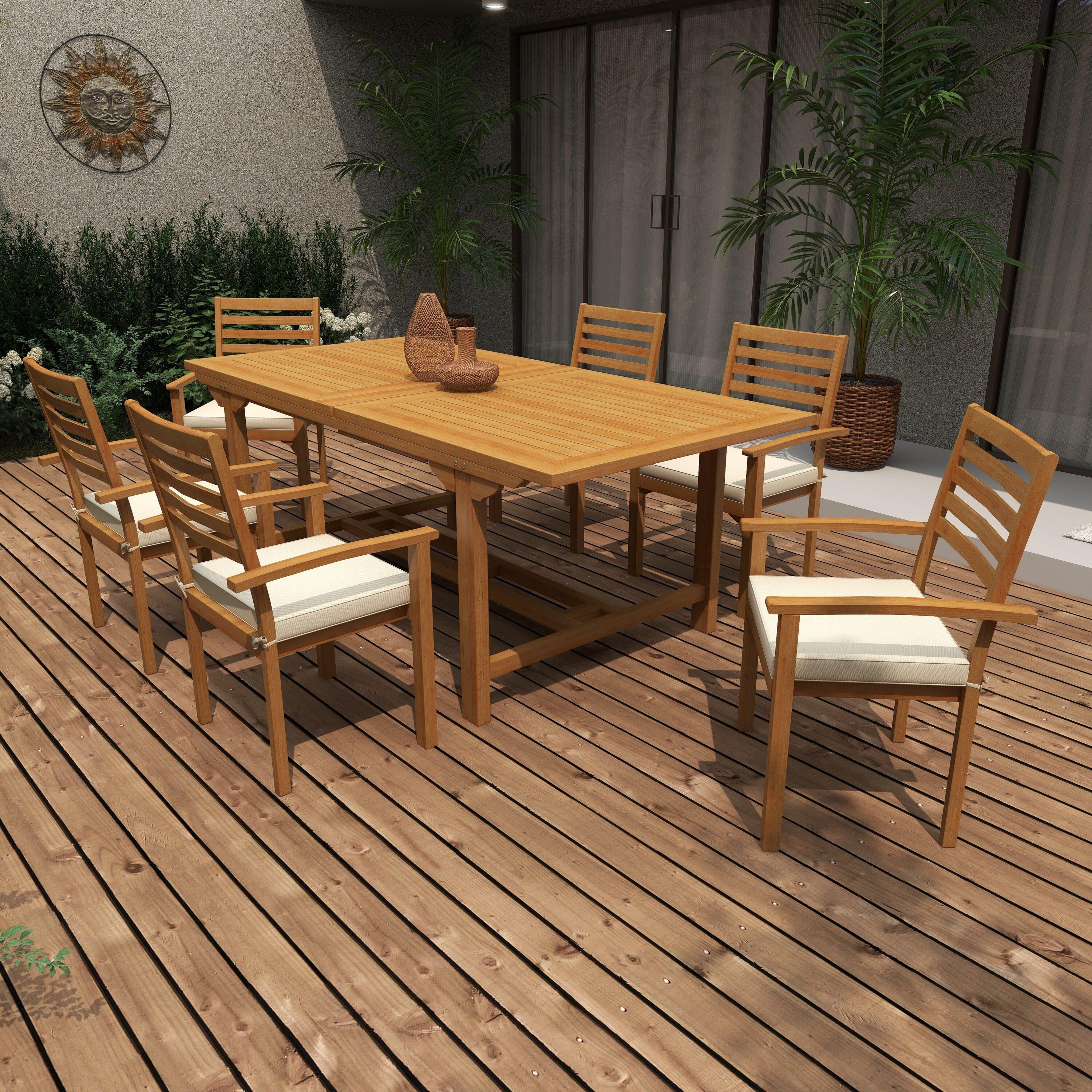 Brown Teak 7-Piece Outdoor Dining Set with White Cushions