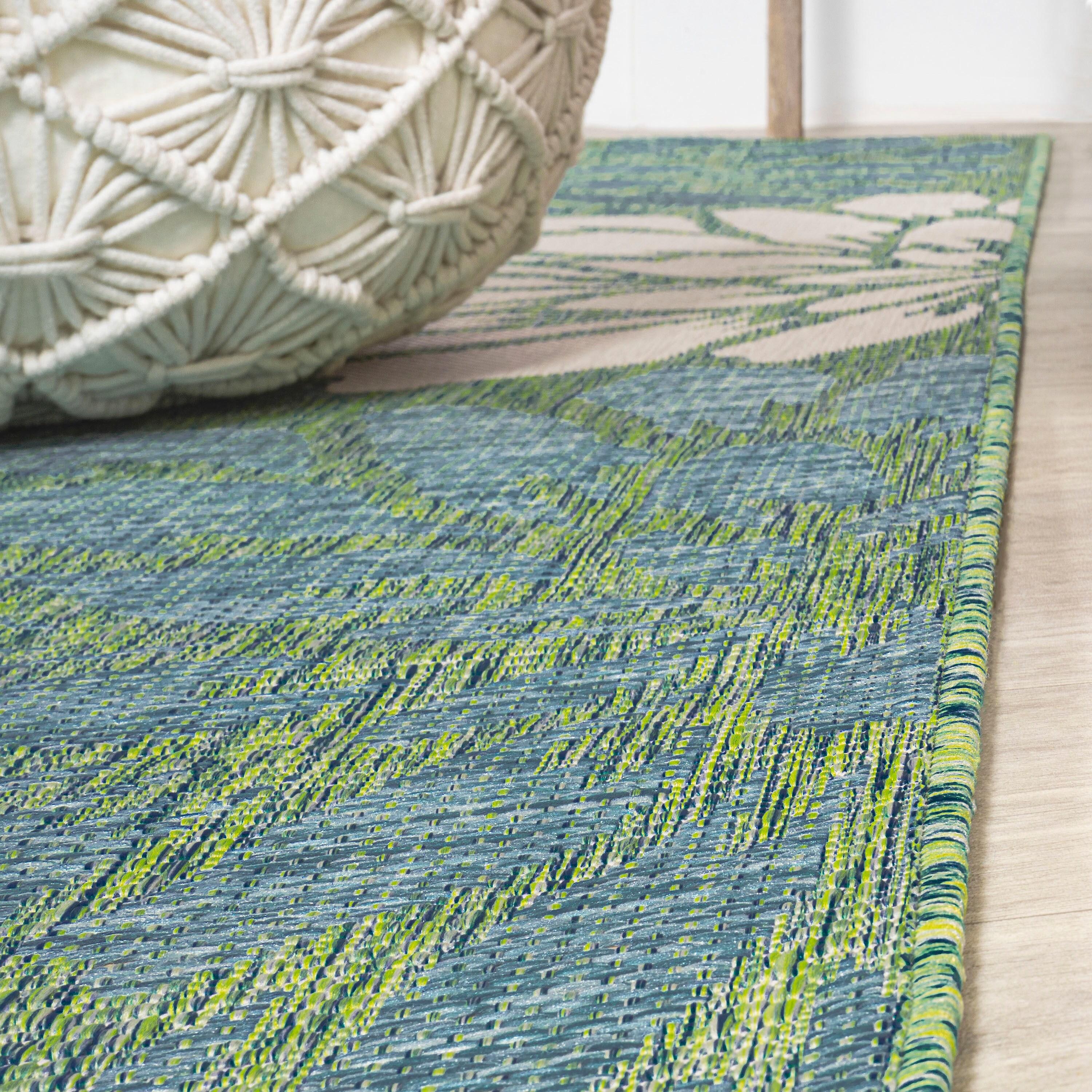 2' x 10' Zinnia Modern Floral Textured Weave Indoor/Outdoor Runner Rug, Cream/Green - JONATHAN Y